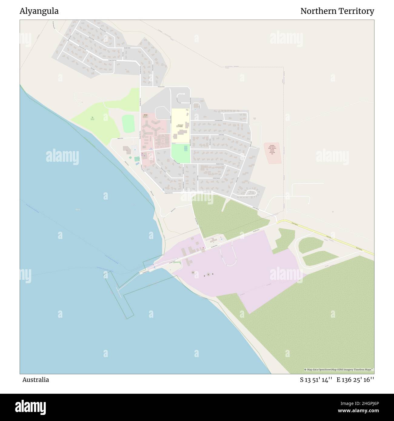 Alyangula, Australia, Northern Territory, S 13 51' 14'', e 136 25' 16''', mappa, mappa senza tempo pubblicata nel 2021. Viaggiatori, esploratori e avventurieri come Florence Nightingale, David Livingstone, Ernest Shackleton, Lewis and Clark e Sherlock Holmes si sono affidati alle mappe per pianificare i viaggi verso gli angoli più remoti del mondo, Timeless Maps sta mappando la maggior parte delle località del mondo, mostrando il successo di grandi sogni Foto Stock