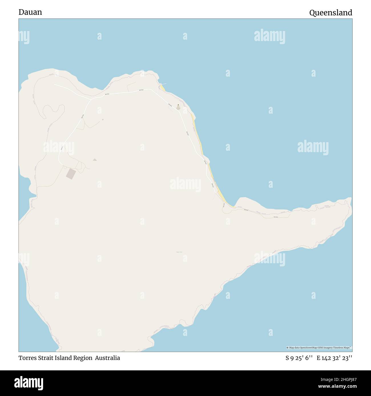 Dauan, Torres Strait Island Region, Australia, Queensland, S 9 25' 6'', e 142 32' 23''', mappa, mappa senza tempo pubblicata nel 2021. Viaggiatori, esploratori e avventurieri come Florence Nightingale, David Livingstone, Ernest Shackleton, Lewis and Clark e Sherlock Holmes si sono affidati alle mappe per pianificare i viaggi verso gli angoli più remoti del mondo, Timeless Maps sta mappando la maggior parte delle località del mondo, mostrando il successo di grandi sogni Foto Stock