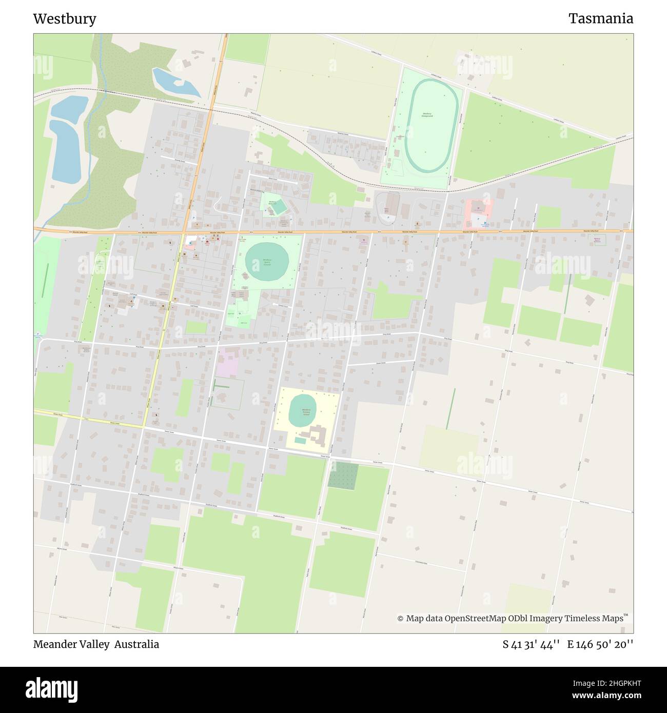 Westbury, Meander Valley, Australia, Tasmania, S 41 31' 44'', e 146 50' 20''', mappa, mappa senza tempo pubblicata nel 2021. Viaggiatori, esploratori e avventurieri come Florence Nightingale, David Livingstone, Ernest Shackleton, Lewis and Clark e Sherlock Holmes si sono affidati alle mappe per pianificare i viaggi verso gli angoli più remoti del mondo, Timeless Maps sta mappando la maggior parte delle località del mondo, mostrando il successo di grandi sogni Foto Stock