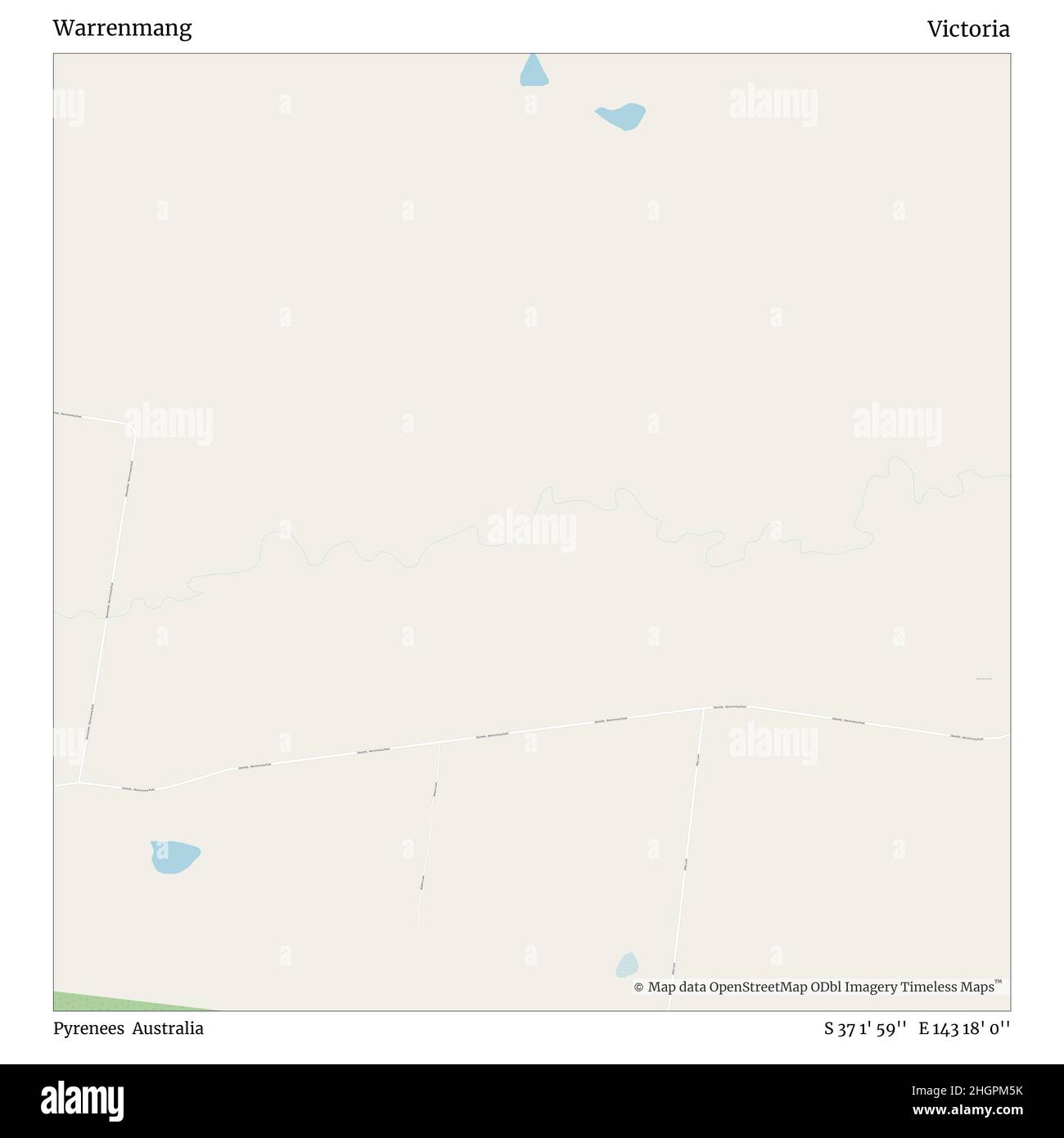 Warrenmang, Pirinei, Australia, Victoria, S 37 1' 59'', e 143 18' 0''', mappa, mappa senza tempo pubblicata nel 2021. Viaggiatori, esploratori e avventurieri come Florence Nightingale, David Livingstone, Ernest Shackleton, Lewis and Clark e Sherlock Holmes si sono affidati alle mappe per pianificare i viaggi verso gli angoli più remoti del mondo, Timeless Maps sta mappando la maggior parte delle località del mondo, mostrando il successo di grandi sogni Foto Stock