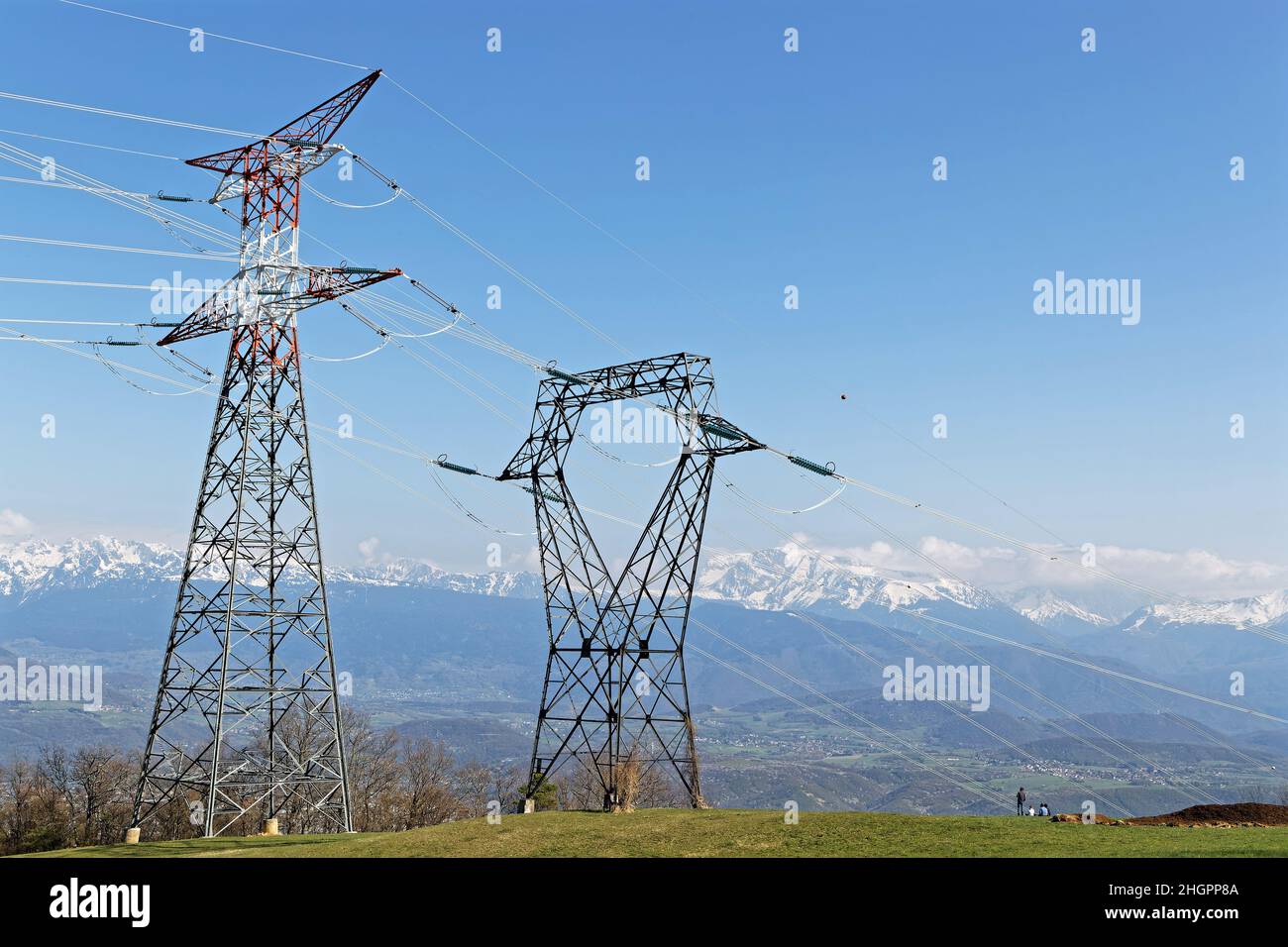 Piloni elettrici in un paesaggio di campagna con montagne innevate sullo sfondo Foto Stock
