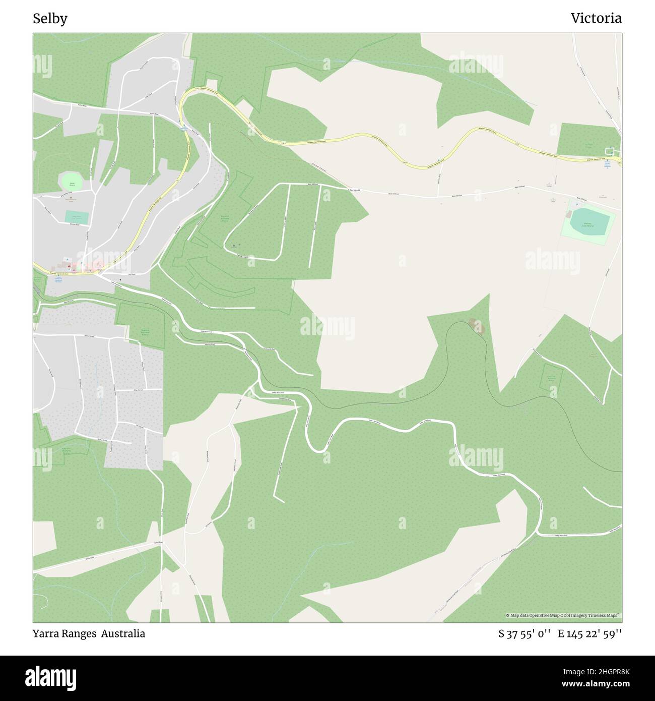 Selby, Yarra Ranges, Australia, Victoria, S 37 55' 0'', e 145 22' 59''', mappa, mappa senza tempo pubblicata nel 2021. Viaggiatori, esploratori e avventurieri come Florence Nightingale, David Livingstone, Ernest Shackleton, Lewis and Clark e Sherlock Holmes si sono affidati alle mappe per pianificare i viaggi verso gli angoli più remoti del mondo, Timeless Maps sta mappando la maggior parte delle località del mondo, mostrando il successo di grandi sogni Foto Stock