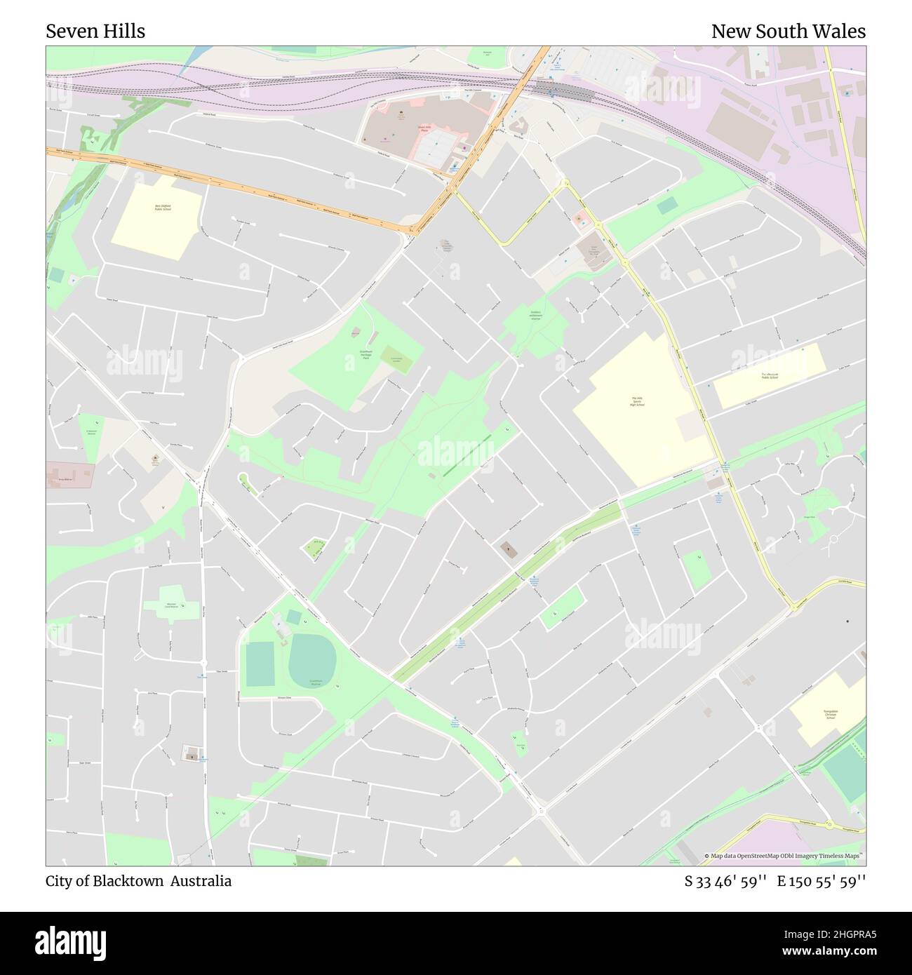 Seven Hills, City of Blacktown, Australia, New South Wales, S 33 46' 59'', e 150 55' 59''', mappa, mappa senza tempo pubblicata nel 2021. Viaggiatori, esploratori e avventurieri come Florence Nightingale, David Livingstone, Ernest Shackleton, Lewis and Clark e Sherlock Holmes si sono affidati alle mappe per pianificare i viaggi verso gli angoli più remoti del mondo, Timeless Maps sta mappando la maggior parte delle località del mondo, mostrando il successo di grandi sogni Foto Stock