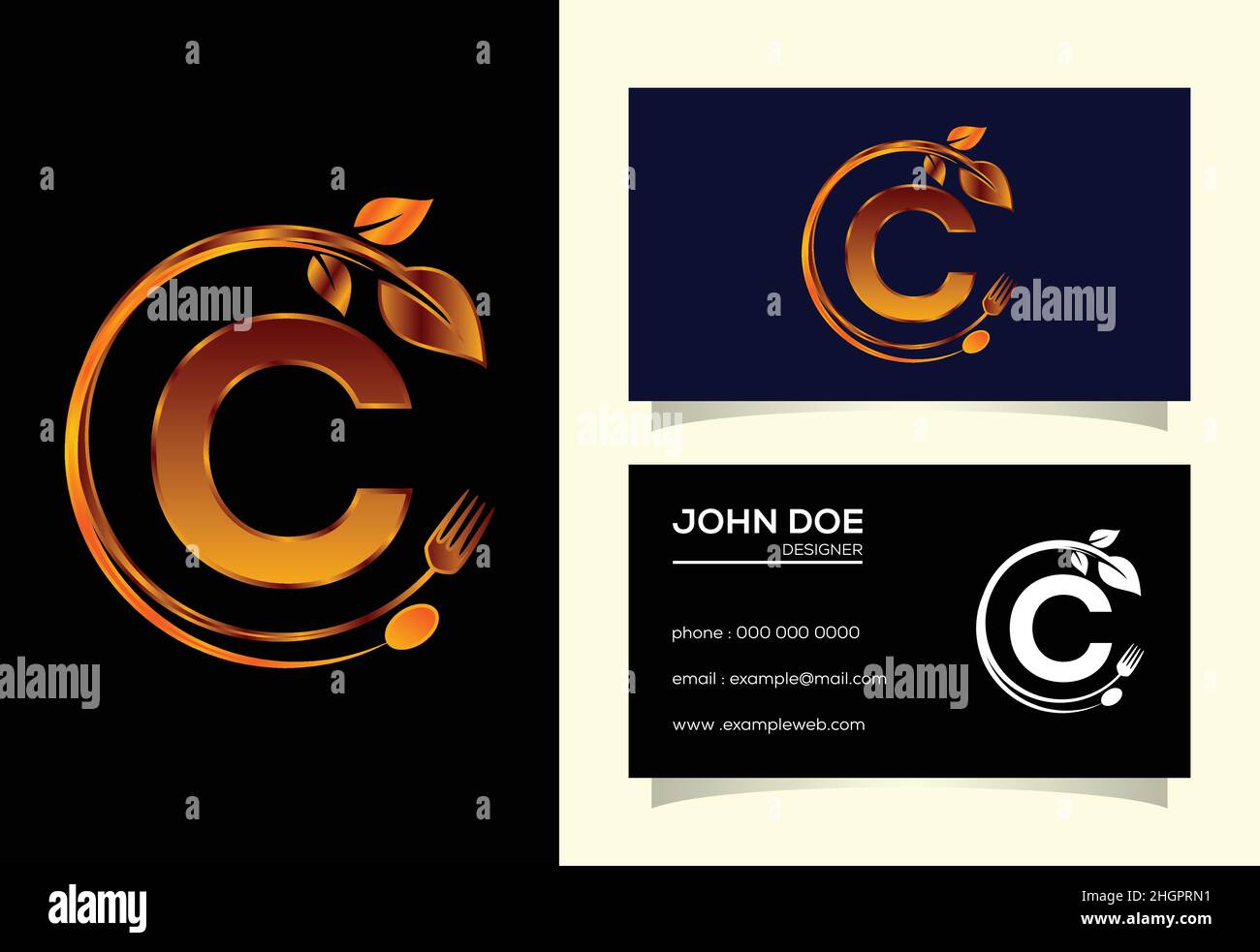 Alfabeto C monogramma iniziale con forchetta, cucchiaio e foglia. Logo sano cibo naturale. Logo per il caffè Illustrazione Vettoriale