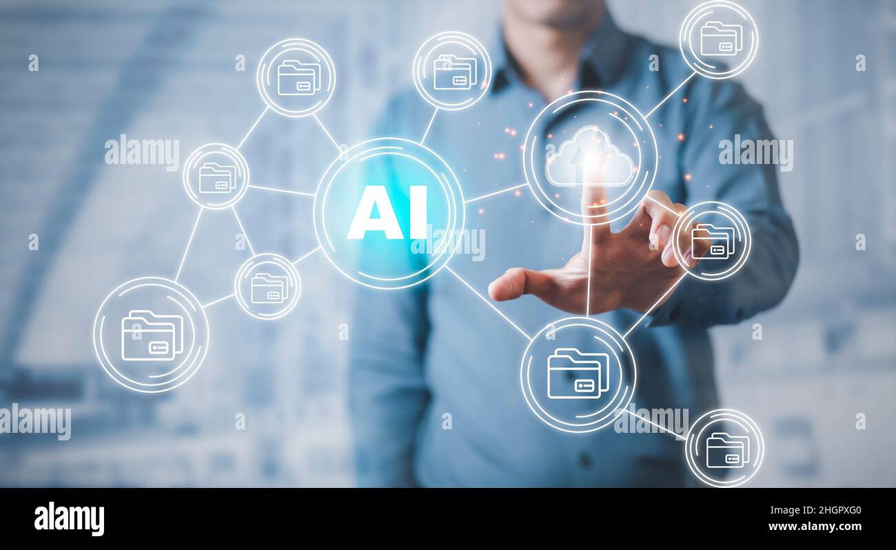 Uomo d'affari che utilizza il dito per toccare l'interfaccia impronta digitale scansione password Artificial Intelligence (ai) icone della tecnologia, apprendimento automatico, trasferimento digitale Foto Stock