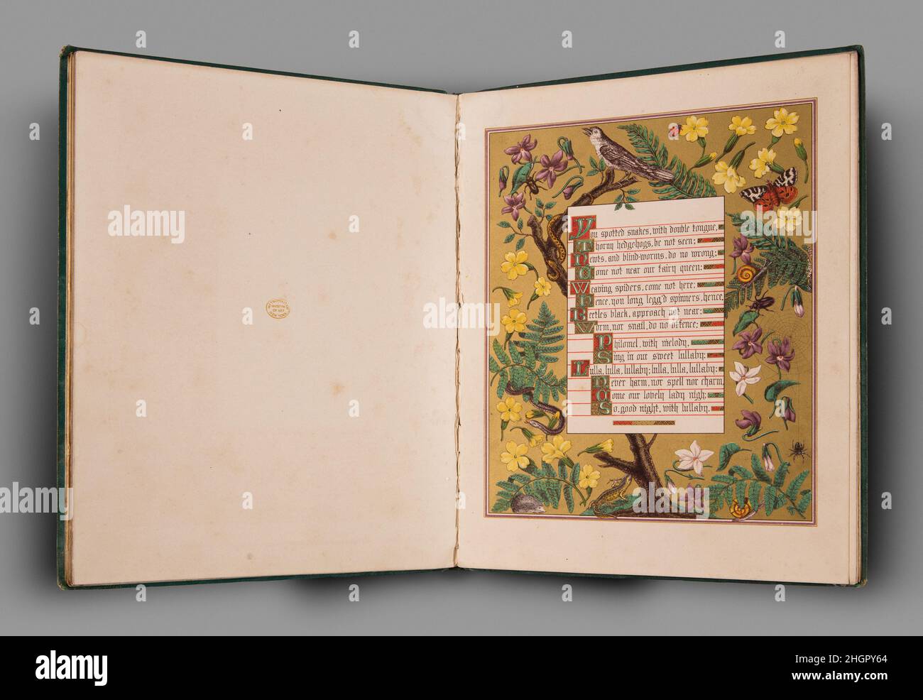 Songs of Shakespeare 1865 Harriette Charlotte Hoskyns Abrahall British una pagina di questo bel libro illustrato è dedicata a una canzone di Un sogno di una notte della mezza estate (atto 2, scena 2) croata dagli assistenti fata di Titania per lullare la loro regina a dormire. Hedgehog, serpenti macchiati, nut e ragni, tutti che il testo indica di mantenere la distanza, appaiono nell'elaborato bordo, dove la litografia a colori riproduce i brillanti effetti dell'illuminazione del manoscritto. Sposato con un ministro anglicano, Abrahall ha progettato questo libro mentre si sposta tra le posizioni in Oxfordshire e Galles. Canzoni di vibrazioni Foto Stock