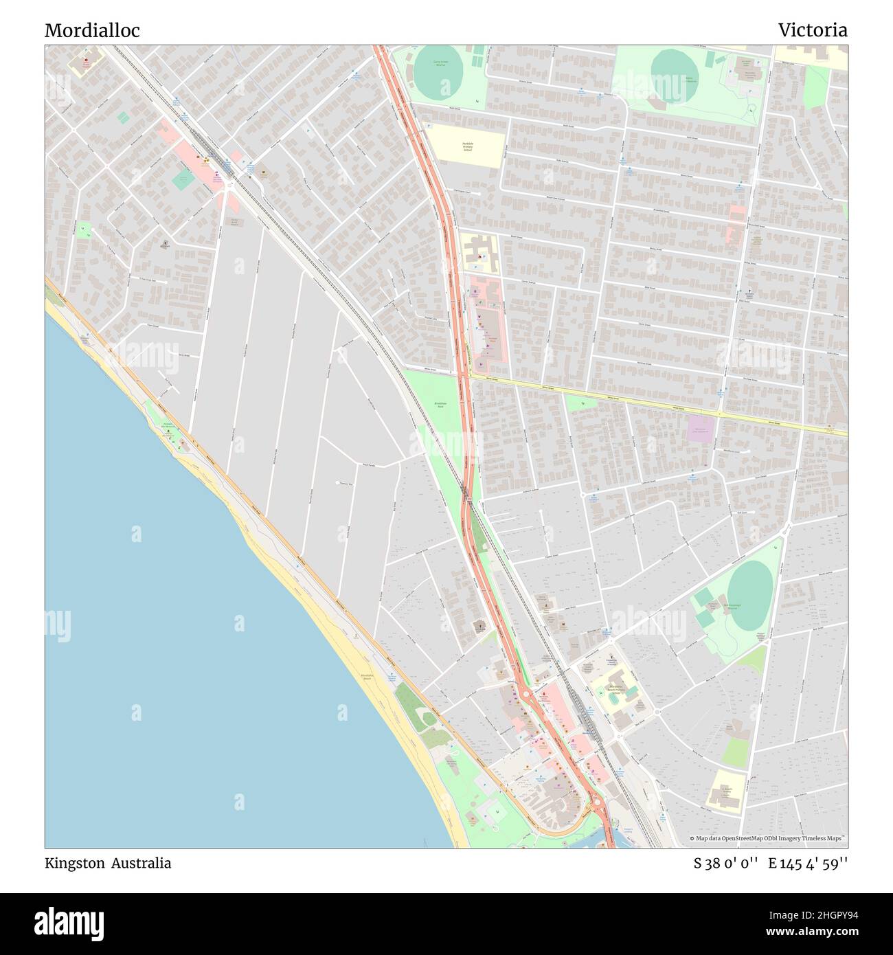 Mordialloc, Kingston, Australia, Victoria, S 38 0' 0'', e 145 4' 59''', mappa, mappa senza tempo pubblicata nel 2021. Viaggiatori, esploratori e avventurieri come Florence Nightingale, David Livingstone, Ernest Shackleton, Lewis and Clark e Sherlock Holmes si sono affidati alle mappe per pianificare i viaggi verso gli angoli più remoti del mondo, Timeless Maps sta mappando la maggior parte delle località del mondo, mostrando il successo di grandi sogni Foto Stock