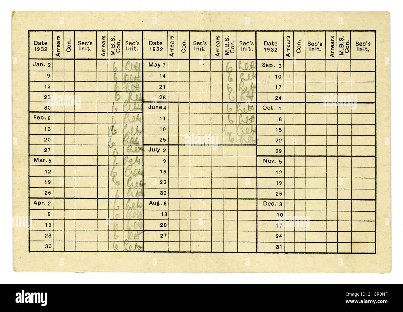 All'interno della Union of Postoffice Workers (UPW) originale, eventualmente una tessera di iscrizione, con ricevute registrate per i pagamenti degli abbonamenti - Birmingham T. & T. filiale, datata 1932, U.K. Foto Stock