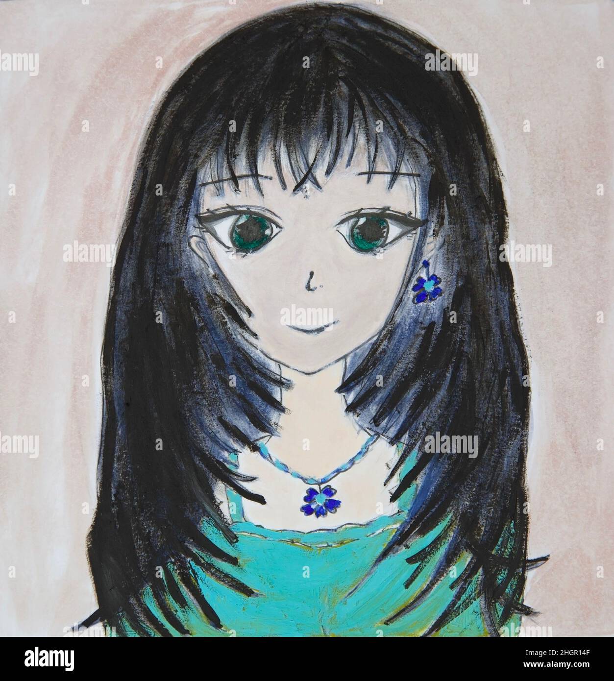 Ritratto di una ragazza in stile anime dipinta con vernici ad olio su carta Foto Stock