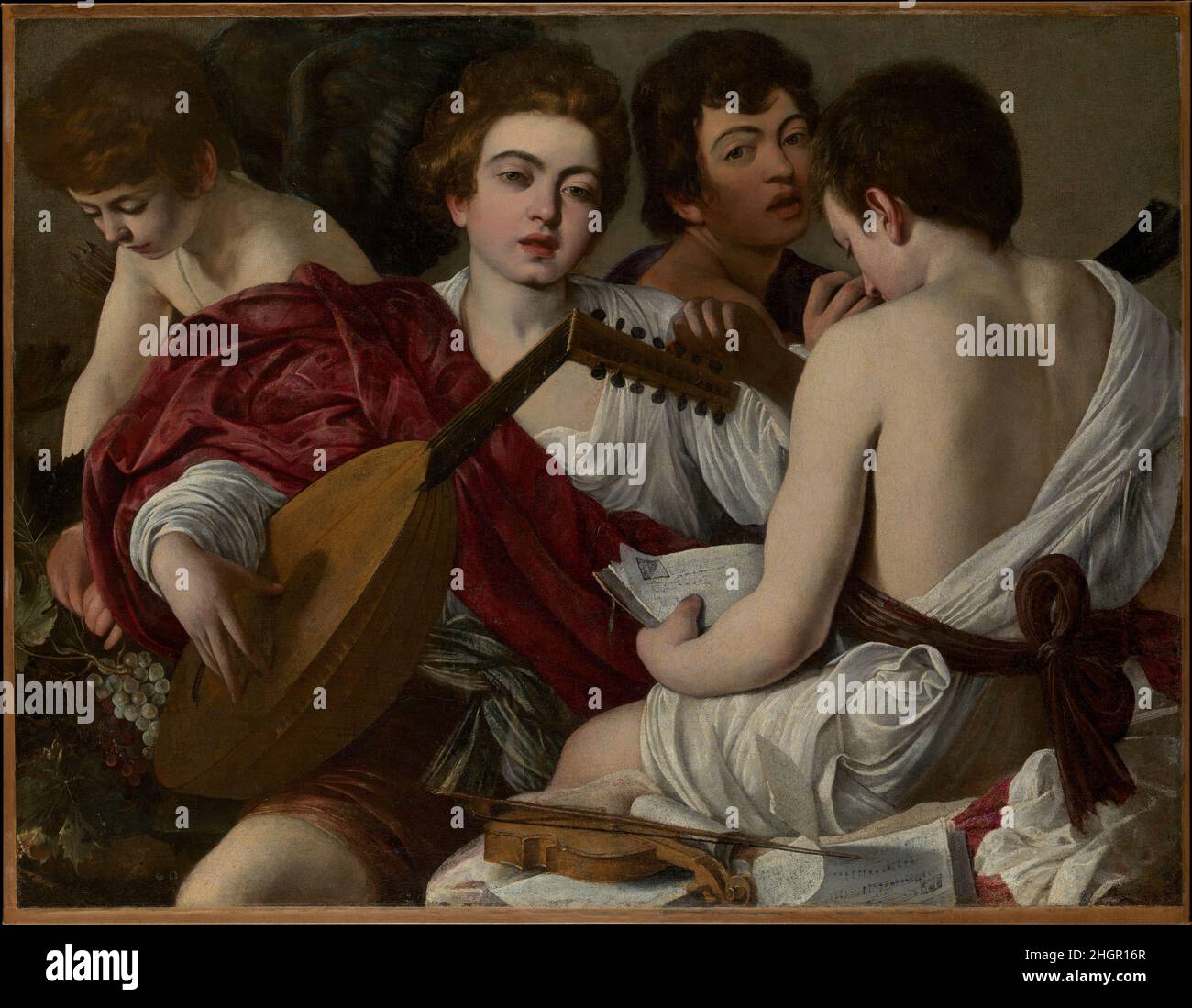 I musicisti 1597 Caravaggio (Michelangelo Merisi) Italiano mentre Cupid conferma la cornice allegorica di Caravaggio per rappresentare la Musica, l’artista si impegna ugualmente con le performance contemporanee e i modelli individualizzati, compreso un autoritratto nel secondo ragazzo da destra. Il contemporaneo di Caravaggio, Giovanni Baglione, ha registrato che l'artista dipinse 'un concerto, con alcuni giovani raffigurati molto bene dalla natura' subito dopo essere entrato a far parte della casa del suo primo grande patrono, il Cardinale Francesco Maria del Monte. Molto probabilmente, questo è lo stesso dipinto ed è uno di molti che impiega la h Foto Stock