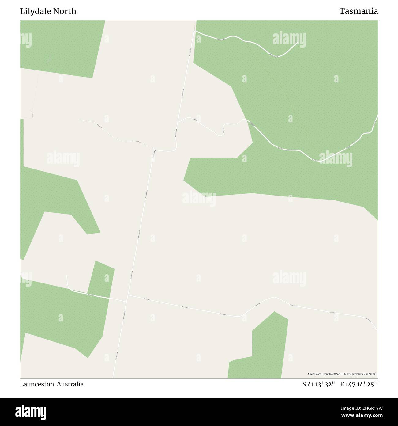 Lilydale North, Launceston, Australia, Tasmania, S 41 13' 32'', e 147 14' 25''', mappa, mappa senza tempo pubblicata nel 2021. Viaggiatori, esploratori e avventurieri come Florence Nightingale, David Livingstone, Ernest Shackleton, Lewis and Clark e Sherlock Holmes si sono affidati alle mappe per pianificare i viaggi verso gli angoli più remoti del mondo, Timeless Maps sta mappando la maggior parte delle località del mondo, mostrando il successo di grandi sogni Foto Stock