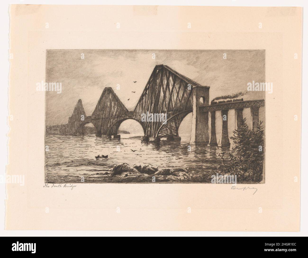 Il Forth Bridge ca. 1890 A. Duprez simbolo della Scozia, il Forth Bridge trasporta treni su un firth (insenatura dell'oceano) a 13 miglia da Edimburgo. Progettato dagli ingegneri britannici Sir John Fowler e Sir Benjamin Barker, è stato aperto dal Principe di Galles il 4 marzo 1890 e misura 8.296 piedi. La più lunga apertura a sbalzo del mondo, una volta costruita, è ora superata solo dal ponte Quebec in Canada, completato nel 1917. Ducrez, che ha lavorato durante l'Etching Revival, crea un'immagine modica della grande costruzione in metallo con un piccolo motore a vapore in alto a destra, e pescatori sull'acqua utilizzata Foto Stock