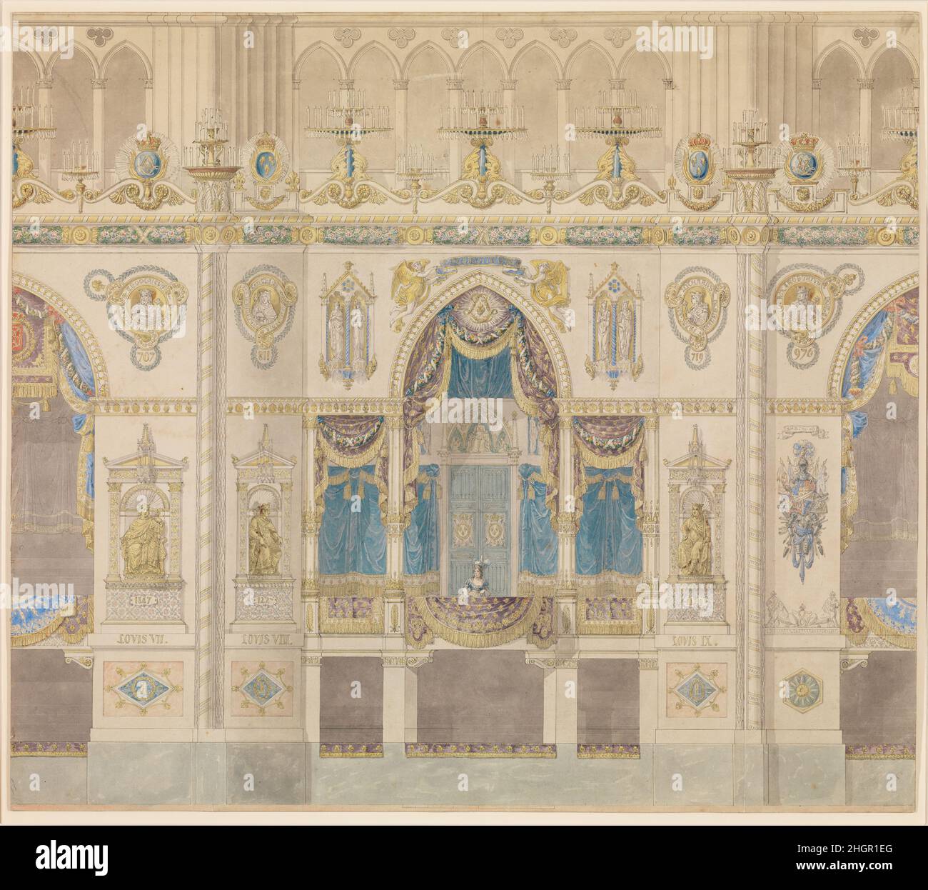 Elevazione della Cattedrale di Reims con la scatola reale per l'incoronazione di Luigi XVIII 1815 Charles Percier Francese questo foglio mostra un'elevazione di parte dell'interno della Cattedrale di Reims con la scatola reale per l'incoronazione di Re Luigi XVIII. Questo disegno rappresenta uno dei sei disegni che costituiscono l'unica documentazione dei piani per l'incoronazione di Re Luigi XVIII, che non ha mai avuto luogo. L'evento è stato probabilmente ritardato, e alla fine licenziato a causa dello stato precario della monarchia francese e la salute in declino del re. Inoltre, l'idea di un'incoronazione reale, conferita dal Foto Stock