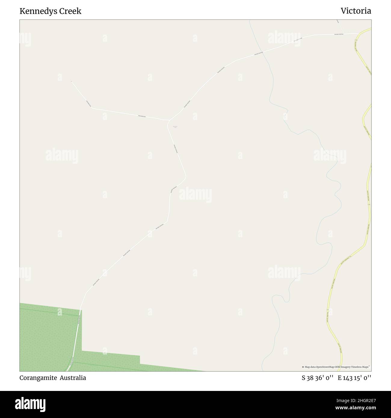 Kennedys Creek, Corangamite, Australia, Victoria, S 38 36' 0'', e 143 15' 0''', mappa, mappa senza tempo pubblicata nel 2021. Viaggiatori, esploratori e avventurieri come Florence Nightingale, David Livingstone, Ernest Shackleton, Lewis and Clark e Sherlock Holmes si sono affidati alle mappe per pianificare i viaggi verso gli angoli più remoti del mondo, Timeless Maps sta mappando la maggior parte delle località del mondo, mostrando il successo di grandi sogni Foto Stock