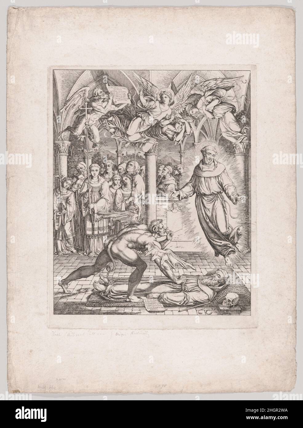 Battaglia di Satana con San Francesco per l'anima del monaco Guido di Montefeltro 1807–8 Joseph Anton Koch Austriaco. Battaglia di Satana con San Francesco per l'anima del monaco Guido di Montefeltro. Joseph Anton Koch (Austria, Obergibeln bei Elbigenalp 1768–1839 Roma). 1807–8. Acquaforte. Stampa Foto Stock