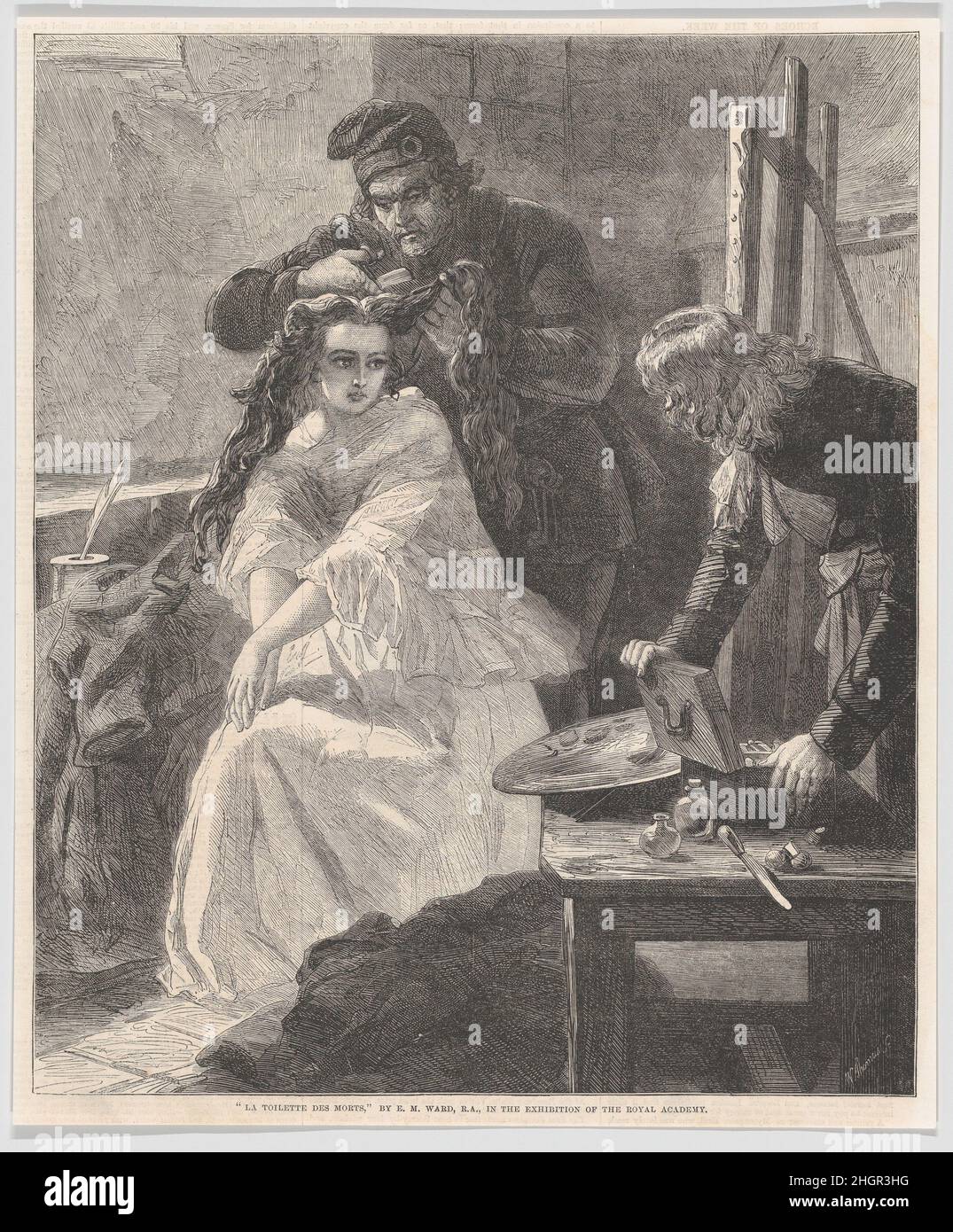 La Toilette des Morts, da 'Illustrated London News' 25 luglio 1863 William Luson Thomas Charlotte Corday, che ha ucciso il Jacobin Jean-Marie Marat, è visto qui imprigionato nella Conciergerie (un palazzo medievale a Parigi) in attesa di esecuzione. Un'artista che ha appena finito il suo ritratto impila le sue pitture, e un jailor che indossa un Cap of Liberty taglia i capelli di Charlotte per prepararla alla ghigliottina. La stampa si basa su un dipinto presentato alla Royal Academy nel 1863 intitolato "Charlotte Corday – il suo ultimo bagno prima della sua esecuzione". L'immagine offre una variazione di grim su una vestizione della donna ri Foto Stock