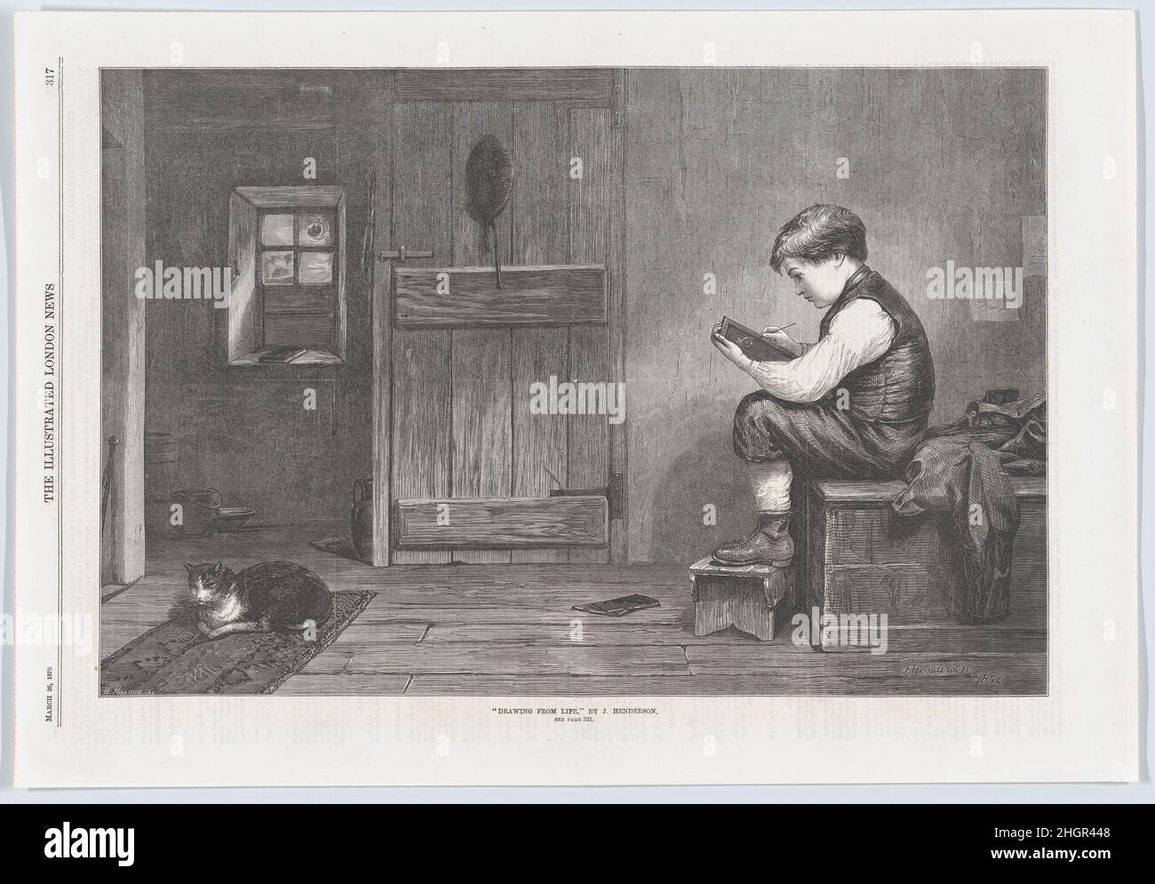 Disegnando dalla vita, da 'Illustrated London News' 26 marzo 1870 William Hollidge in un umile interno scozzese, un ragazzo appena arrivato a casa dalla scuola, ha gettato il cappotto e gli schizzi un gatto addormentato sulla sua ardesia. L'immagine suggerisce che la sua passione iniziale può un giorno guidare un artista maturo ed echeggia gli incidenti dalle prime vite degli artisti famosi-- Vasari, per esempio, registrò che il pittore fiorentino Cimabue scoprì Giotto come pastore, disegnando il suo gregge su una roccia, poi lo portò come apprendista. Pubblicata nel 'Illustrated London News' nel 1870, questa incisione in legno è stata desig Foto Stock