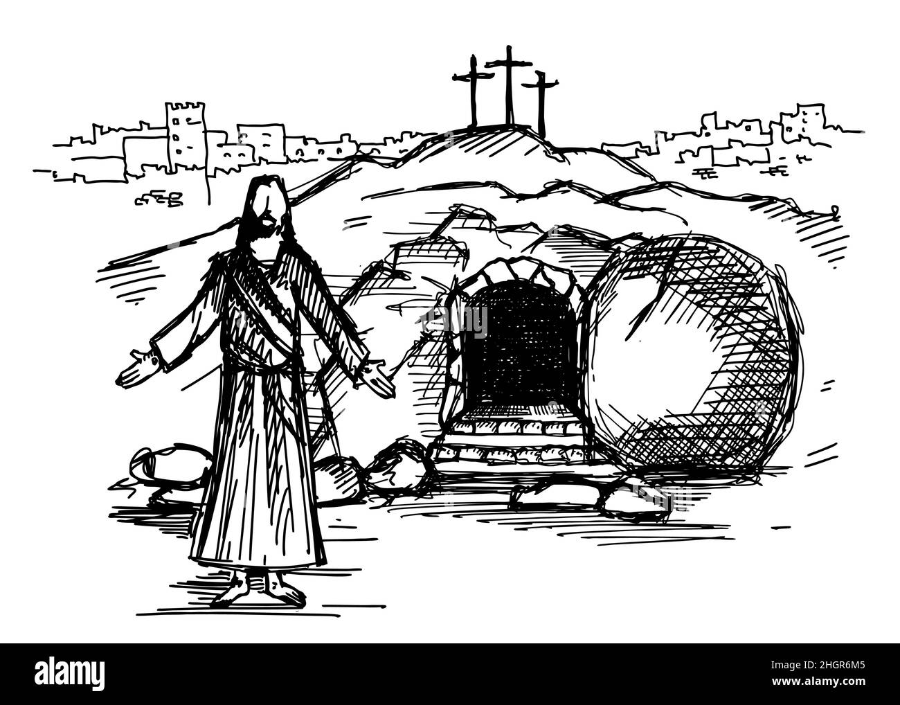 Tomba vuota di Gesù Cristo. Crocifissione sul Calvario. Città di Gerusalemme. Disegno di Pasqua. Illustrazione Vettoriale