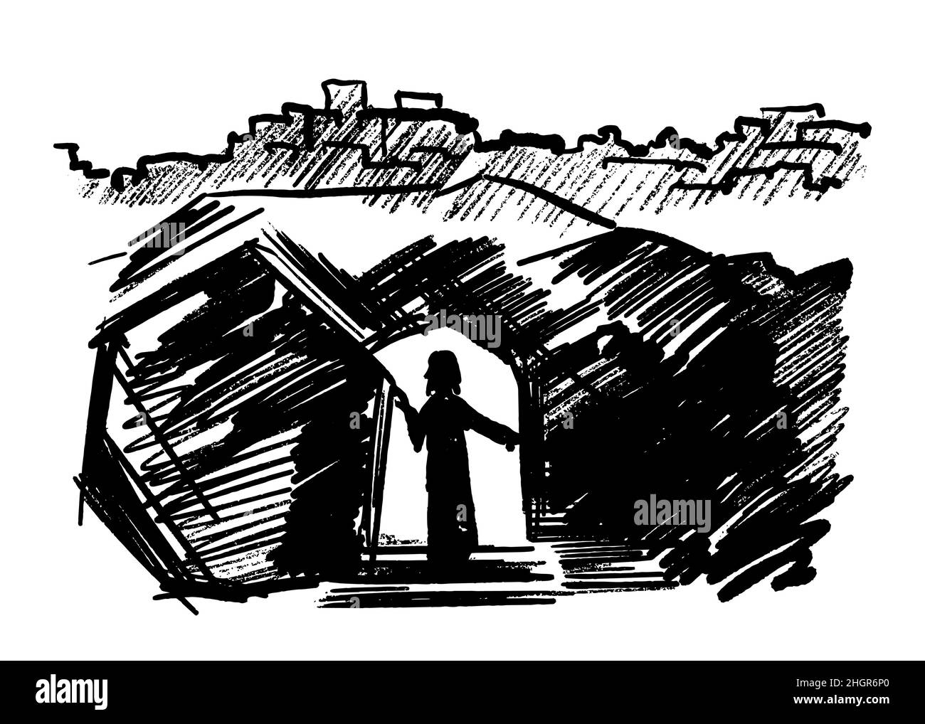 Tomba vuota di Gesù Cristo. Crocifissione sul Calvario. Città di Gerusalemme. Disegno di Pasqua. Illustrazione Vettoriale