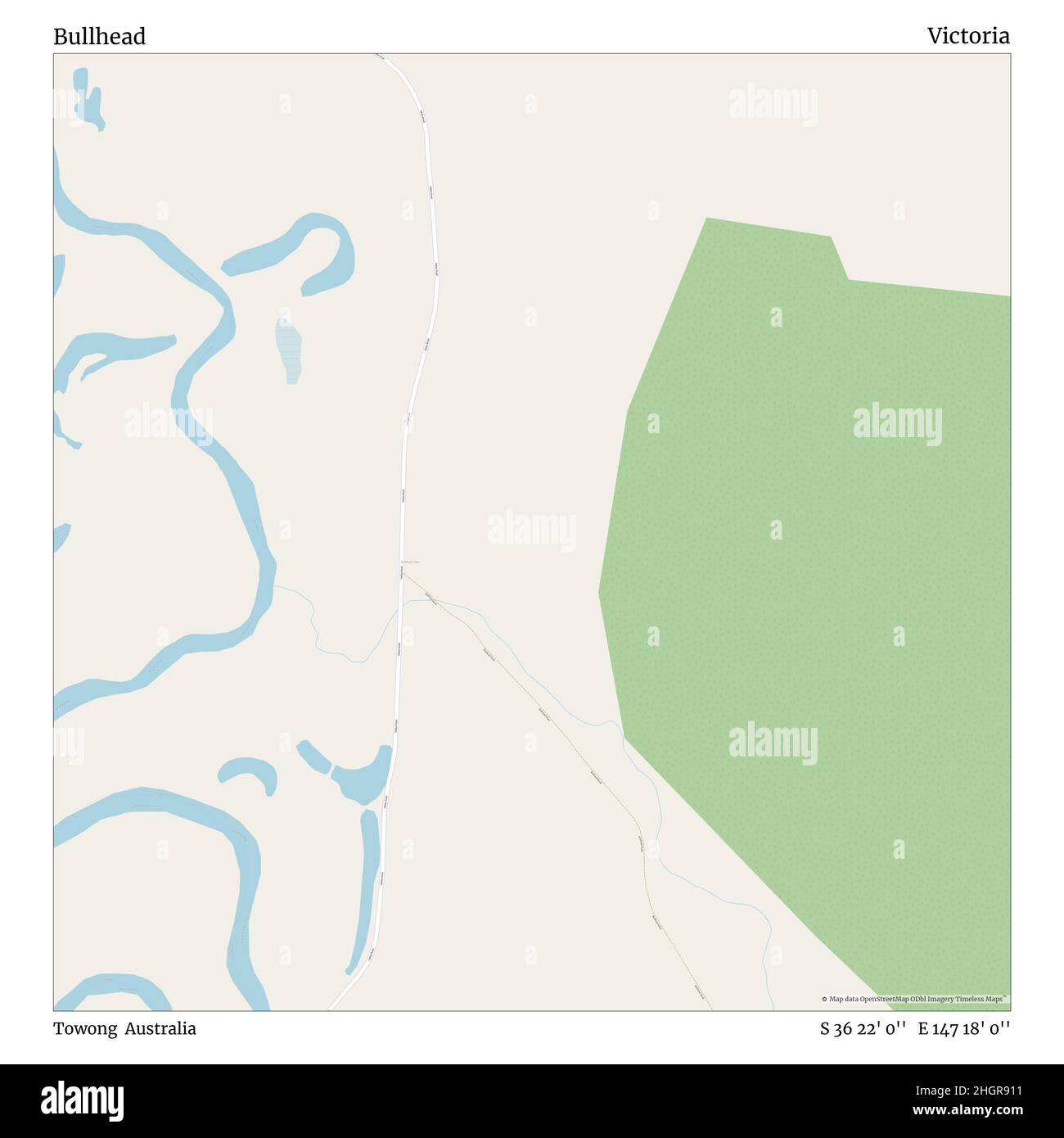 Bullhead, Towong, Australia, Victoria, S 36 22' 0'', e 147 18' 0'', mappa, mappa senza tempo pubblicata nel 2021. Viaggiatori, esploratori e avventurieri come Florence Nightingale, David Livingstone, Ernest Shackleton, Lewis and Clark e Sherlock Holmes si sono affidati alle mappe per pianificare i viaggi verso gli angoli più remoti del mondo, Timeless Maps sta mappando la maggior parte delle località del mondo, mostrando il successo di grandi sogni Foto Stock