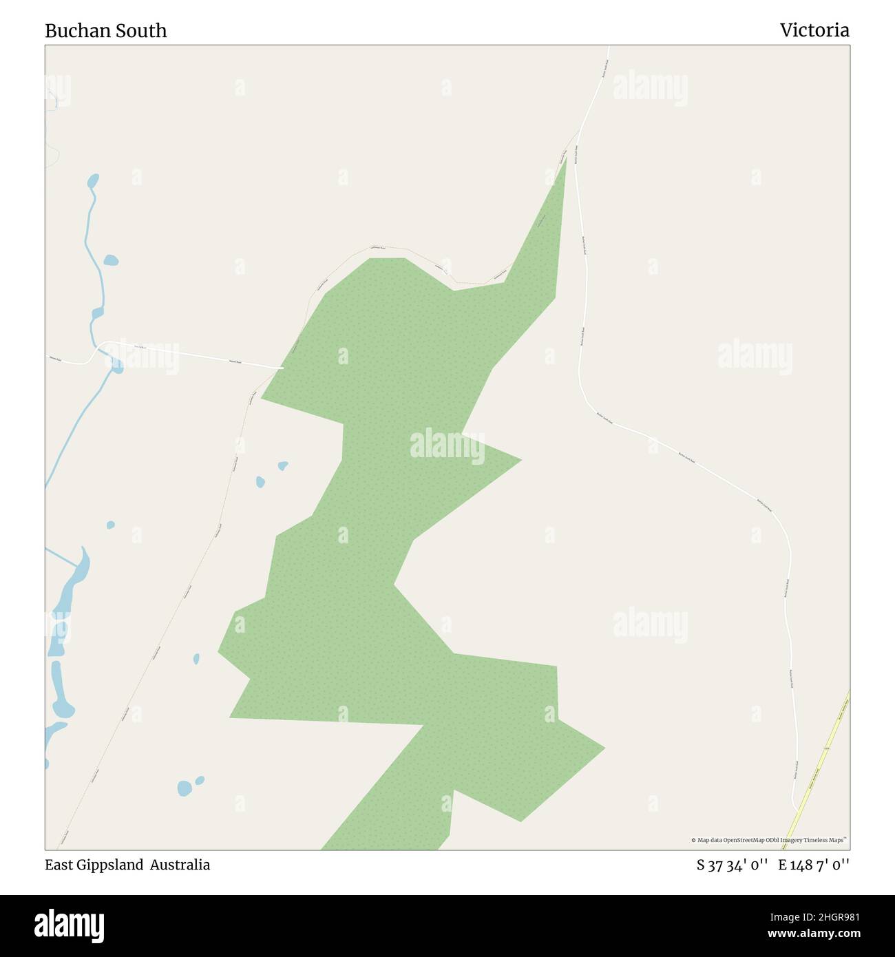 Buchan South, East Gippsland, Australia, Victoria, S 37 34' 0'', e 148 7' 0''', mappa, mappa senza tempo pubblicata nel 2021. Viaggiatori, esploratori e avventurieri come Florence Nightingale, David Livingstone, Ernest Shackleton, Lewis and Clark e Sherlock Holmes si sono affidati alle mappe per pianificare i viaggi verso gli angoli più remoti del mondo, Timeless Maps sta mappando la maggior parte delle località del mondo, mostrando il successo di grandi sogni Foto Stock