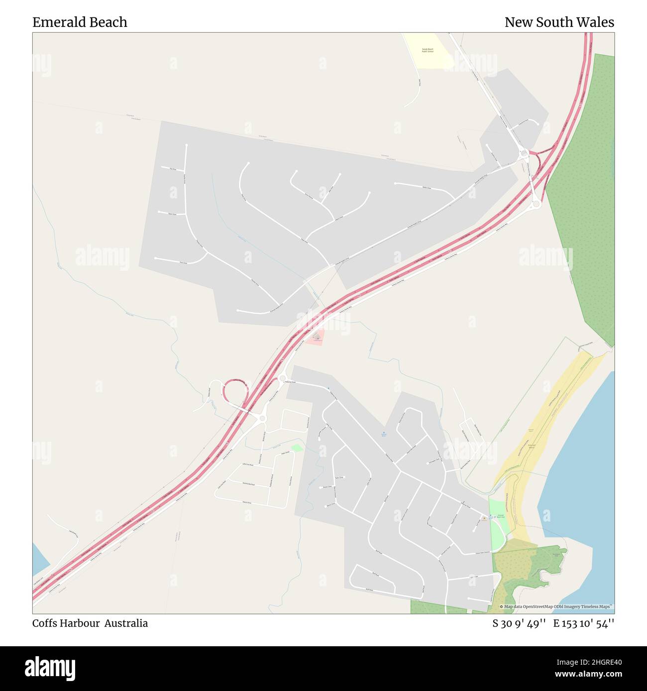 Emerald Beach, Coffs Harbour, Australia, nuovo Galles del Sud, S 30 9' 49'', e 153 10' 54''', mappa, Mappa senza tempo pubblicata nel 2021. Viaggiatori, esploratori e avventurieri come Florence Nightingale, David Livingstone, Ernest Shackleton, Lewis and Clark e Sherlock Holmes si sono affidati alle mappe per pianificare i viaggi verso gli angoli più remoti del mondo, Timeless Maps sta mappando la maggior parte delle località del mondo, mostrando il successo di grandi sogni Foto Stock