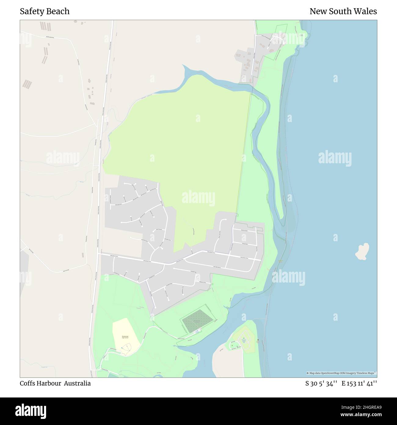 Safety Beach, Coffs Harbour, Australia, nuovo Galles del Sud, S 30 5' 34'', e 153 11' 41''', mappa, Mappa senza tempo pubblicata nel 2021. Viaggiatori, esploratori e avventurieri come Florence Nightingale, David Livingstone, Ernest Shackleton, Lewis and Clark e Sherlock Holmes si sono affidati alle mappe per pianificare i viaggi verso gli angoli più remoti del mondo, Timeless Maps sta mappando la maggior parte delle località del mondo, mostrando il successo di grandi sogni Foto Stock