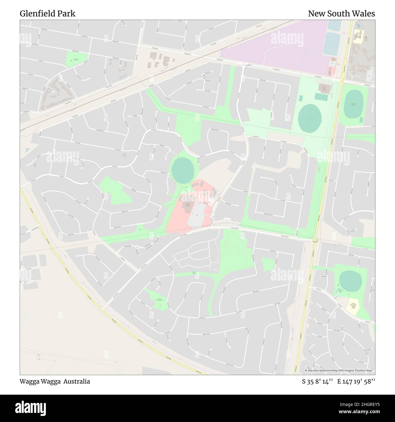 Glenfield Park, Wagga Wagga, Australia, nuovo Galles del Sud, S 35 8' 14'', e 147 19' 58''', mappa, mappa senza tempo pubblicata nel 2021. Viaggiatori, esploratori e avventurieri come Florence Nightingale, David Livingstone, Ernest Shackleton, Lewis and Clark e Sherlock Holmes si sono affidati alle mappe per pianificare i viaggi verso gli angoli più remoti del mondo, Timeless Maps sta mappando la maggior parte delle località del mondo, mostrando il successo di grandi sogni Foto Stock