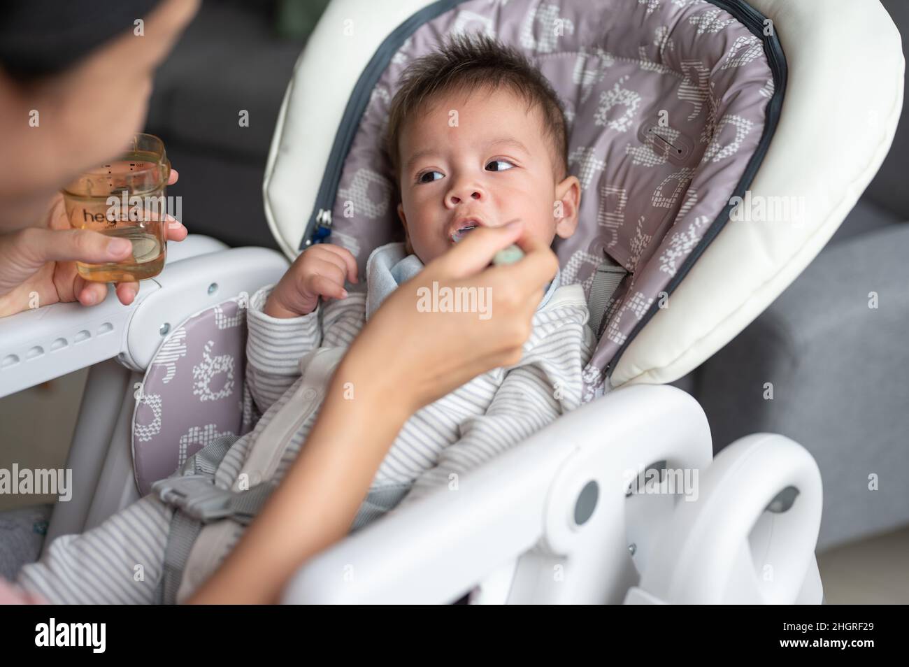 Madre che allatta l'acqua del suo bambino ragazzo con un cucchiaio in un seggiolone vicino alla finestra a casa Foto Stock