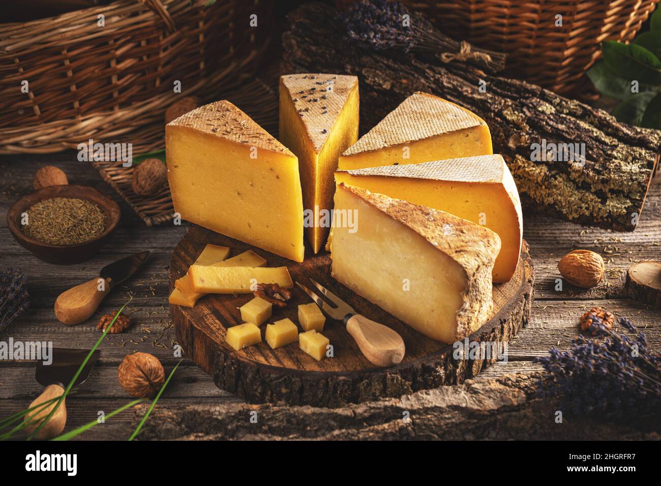 Vari tipi di formaggio stagionato semi duro su sfondo di legno Foto Stock