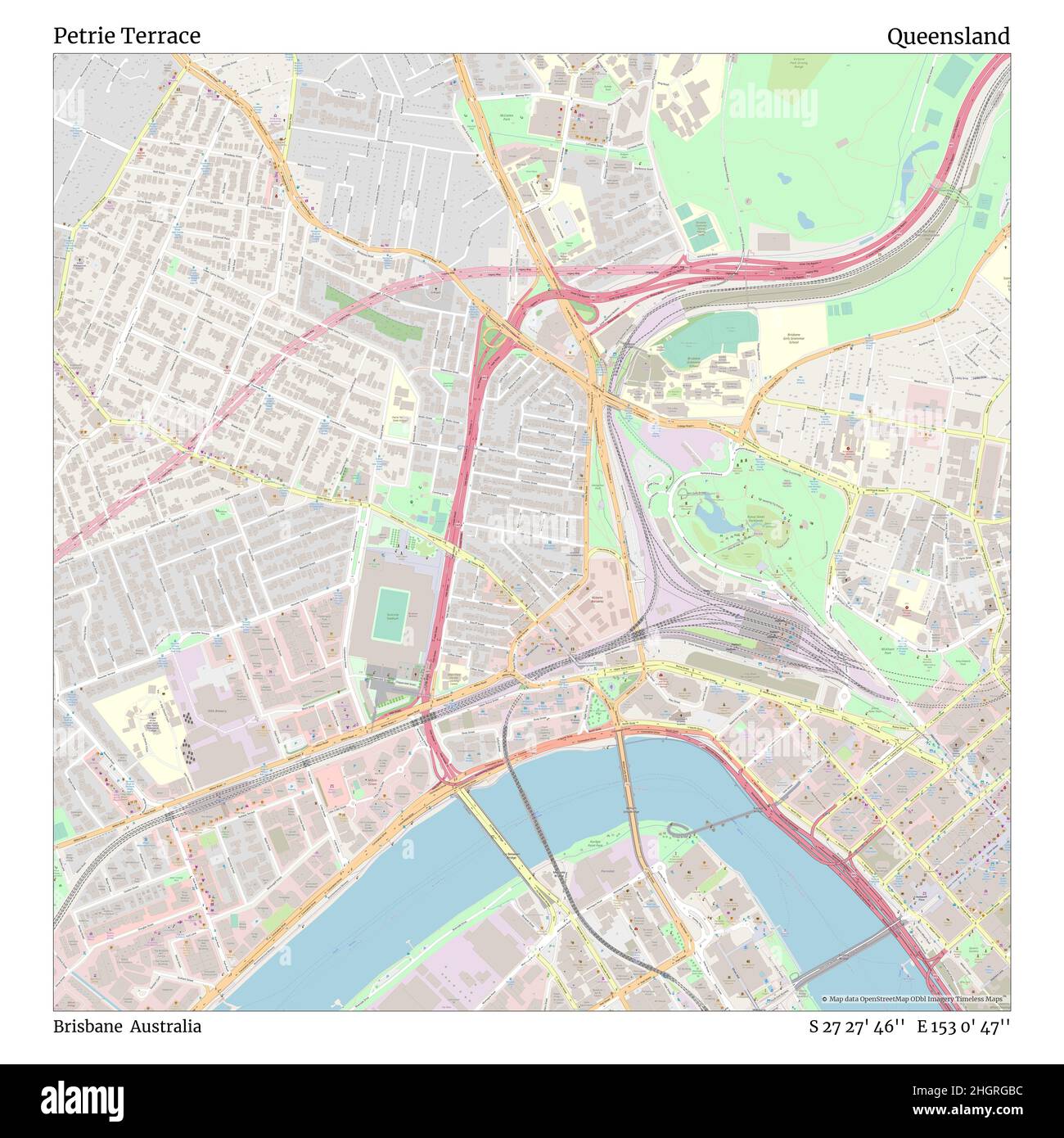 Petrie Terrace, Brisbane, Australia, Queensland, S 27 27' 46'', e 153 0' 47'', map, Timeless Map Published in 2021. Viaggiatori, esploratori e avventurieri come Florence Nightingale, David Livingstone, Ernest Shackleton, Lewis and Clark e Sherlock Holmes si sono affidati alle mappe per pianificare i viaggi verso gli angoli più remoti del mondo, Timeless Maps sta mappando la maggior parte delle località del mondo, mostrando il successo di grandi sogni Foto Stock