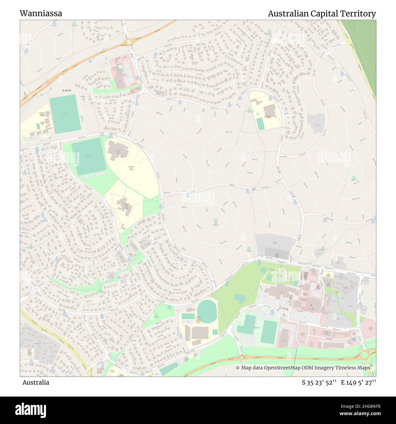 Wanniassa, Australia, Australian Capital Territory, S 35 23' 52'', e 149 5' 27'', map, Timeless Map Published in 2021. Viaggiatori, esploratori e avventurieri come Florence Nightingale, David Livingstone, Ernest Shackleton, Lewis and Clark e Sherlock Holmes si sono affidati alle mappe per pianificare i viaggi verso gli angoli più remoti del mondo, Timeless Maps sta mappando la maggior parte delle località del mondo, mostrando il successo di grandi sogni Foto Stock