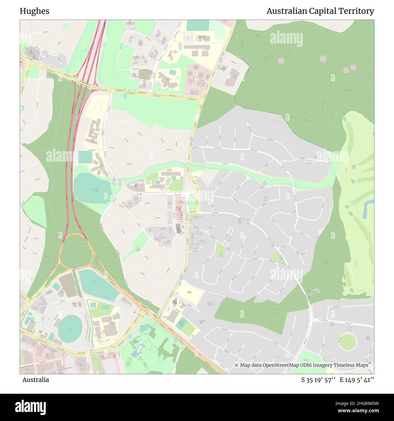 Hughes, Australia, Australian Capital Territory, S 35 19' 57'', e 149 5' 41'', map, Timeless Map pubblicato nel 2021. Viaggiatori, esploratori e avventurieri come Florence Nightingale, David Livingstone, Ernest Shackleton, Lewis and Clark e Sherlock Holmes si sono affidati alle mappe per pianificare i viaggi verso gli angoli più remoti del mondo, Timeless Maps sta mappando la maggior parte delle località del mondo, mostrando il successo di grandi sogni Foto Stock