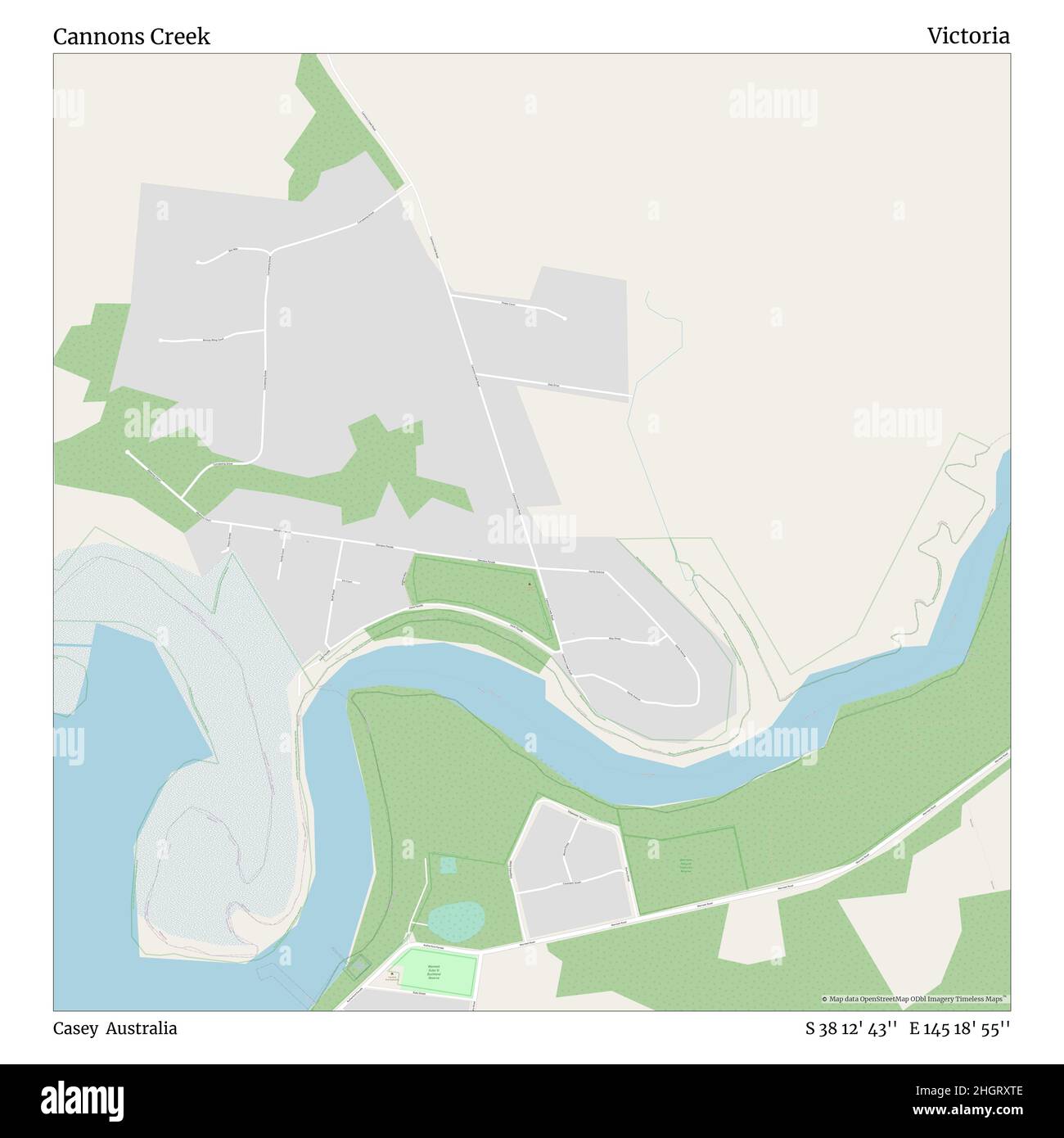 Cannons Creek, Casey, Australia, Victoria, S 38 12' 43'', e 145 18' 55''', mappa, mappa senza tempo pubblicata nel 2021. Viaggiatori, esploratori e avventurieri come Florence Nightingale, David Livingstone, Ernest Shackleton, Lewis and Clark e Sherlock Holmes si sono affidati alle mappe per pianificare i viaggi verso gli angoli più remoti del mondo, Timeless Maps sta mappando la maggior parte delle località del mondo, mostrando il successo di grandi sogni Foto Stock