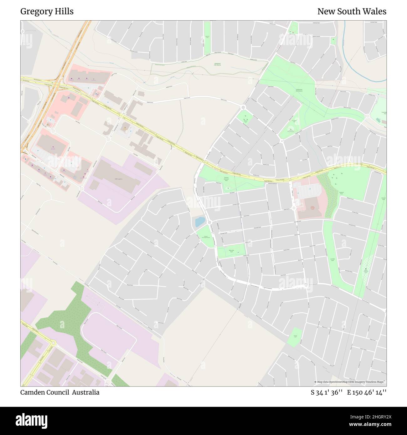 Gregory Hills, Camden Council, Australia, nuovo Galles del Sud, S 34 1' 36'', e 150 46' 14''', mappa, mappa senza tempo pubblicata nel 2021. Viaggiatori, esploratori e avventurieri come Florence Nightingale, David Livingstone, Ernest Shackleton, Lewis and Clark e Sherlock Holmes si sono affidati alle mappe per pianificare i viaggi verso gli angoli più remoti del mondo, Timeless Maps sta mappando la maggior parte delle località del mondo, mostrando il successo di grandi sogni Foto Stock