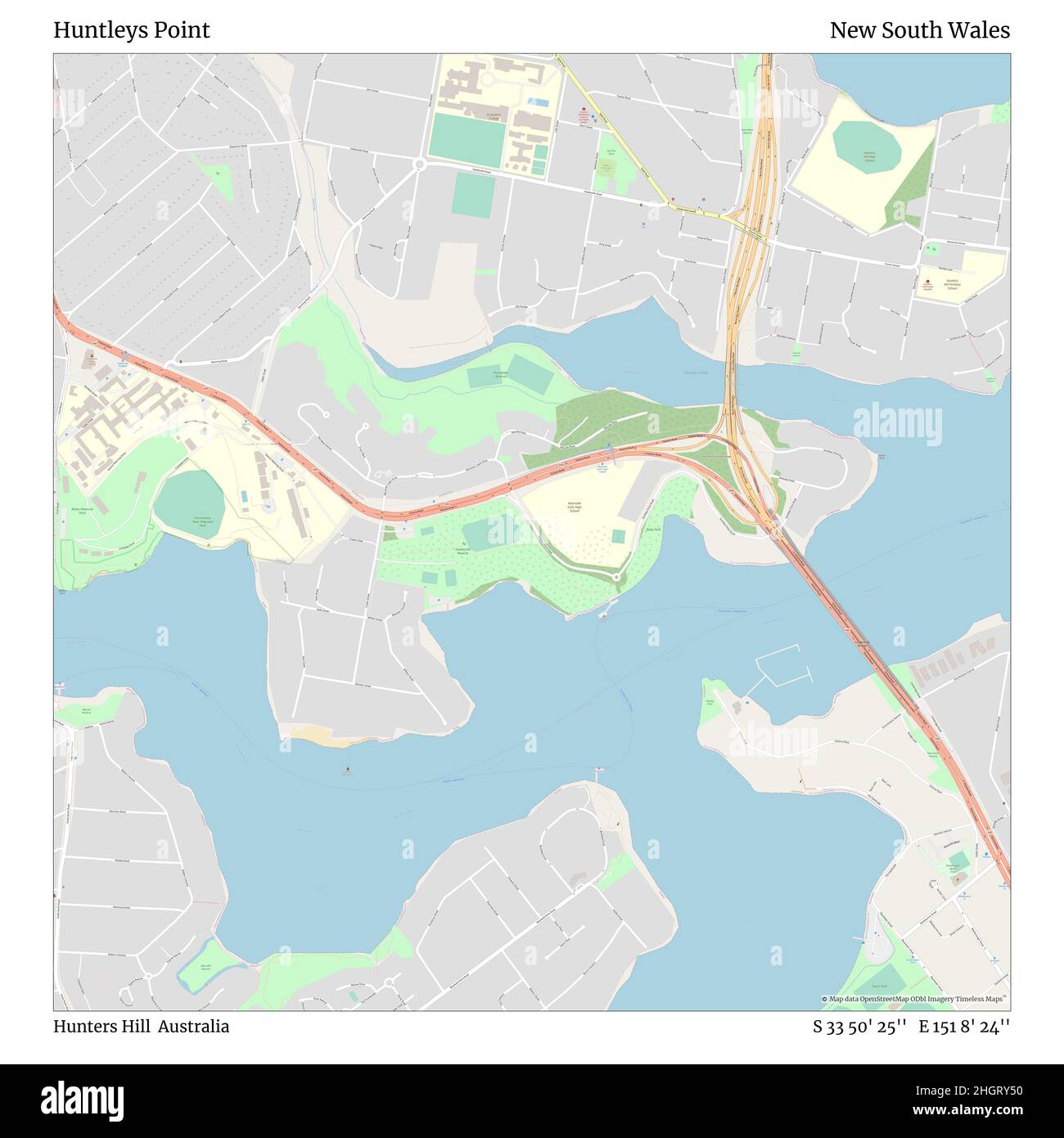 Huntleys Point, Hunters Hill, Australia, nuovo Galles del Sud, S 33 50' 25'', e 151 8' 24''', mappa, mappa senza tempo pubblicata nel 2021. Viaggiatori, esploratori e avventurieri come Florence Nightingale, David Livingstone, Ernest Shackleton, Lewis and Clark e Sherlock Holmes si sono affidati alle mappe per pianificare i viaggi verso gli angoli più remoti del mondo, Timeless Maps sta mappando la maggior parte delle località del mondo, mostrando il successo di grandi sogni Foto Stock