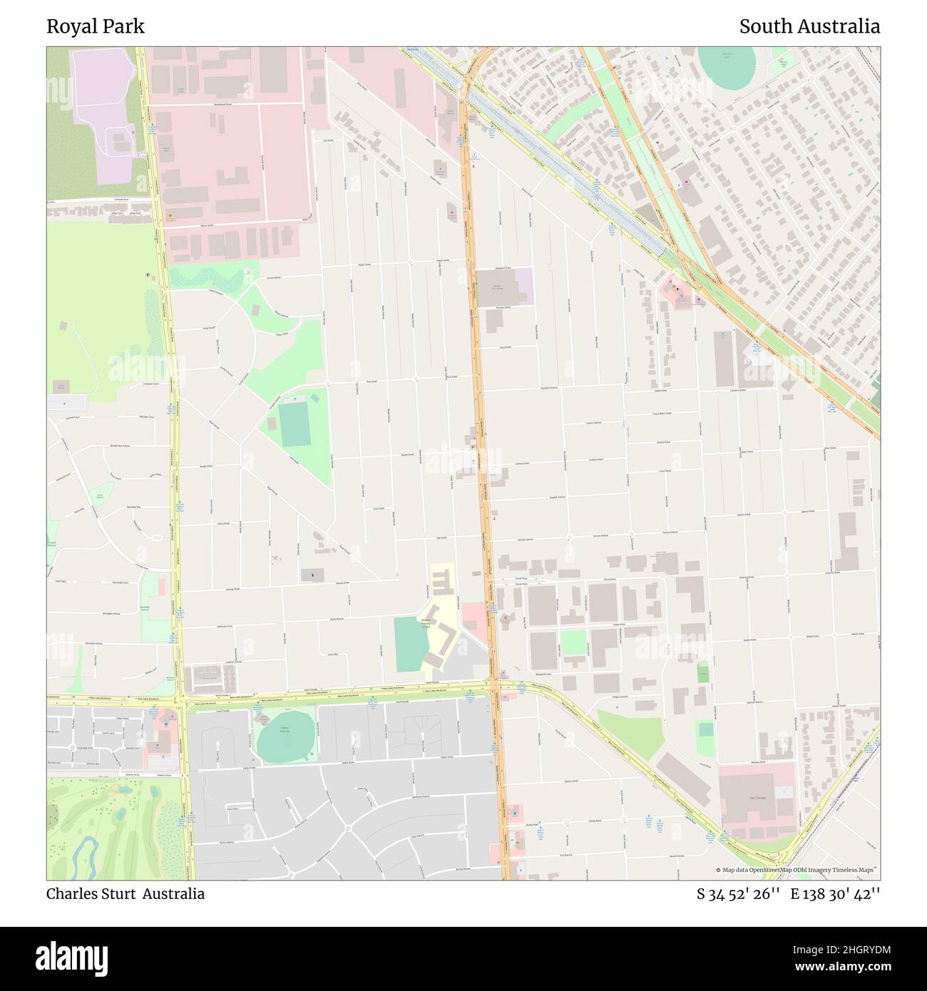 Royal Park, Charles Sturt, Australia, South Australia, S 34 52' 26'', e 138 30' 42''', mappa, mappa senza tempo pubblicata nel 2021. Viaggiatori, esploratori e avventurieri come Florence Nightingale, David Livingstone, Ernest Shackleton, Lewis and Clark e Sherlock Holmes si sono affidati alle mappe per pianificare i viaggi verso gli angoli più remoti del mondo, Timeless Maps sta mappando la maggior parte delle località del mondo, mostrando il successo di grandi sogni Foto Stock