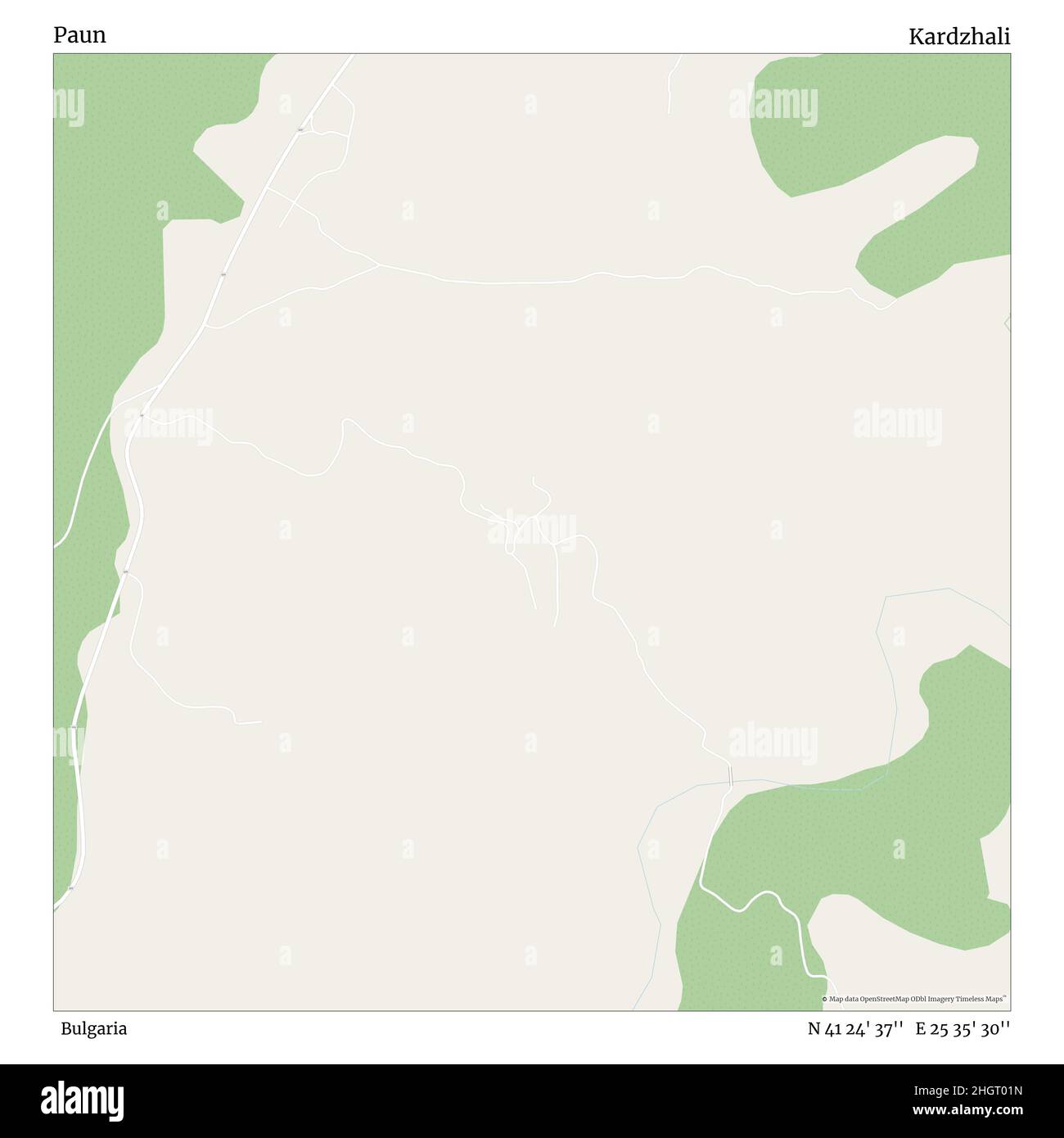 Paun, Bulgaria, Kardzhali, N 41 24' 37'', e 25 35' 30'', mappa, mappa senza tempo pubblicata nel 2021. Viaggiatori, esploratori e avventurieri come Florence Nightingale, David Livingstone, Ernest Shackleton, Lewis and Clark e Sherlock Holmes si sono affidati alle mappe per pianificare i viaggi verso gli angoli più remoti del mondo, Timeless Maps sta mappando la maggior parte delle località del mondo, mostrando il successo di grandi sogni Foto Stock