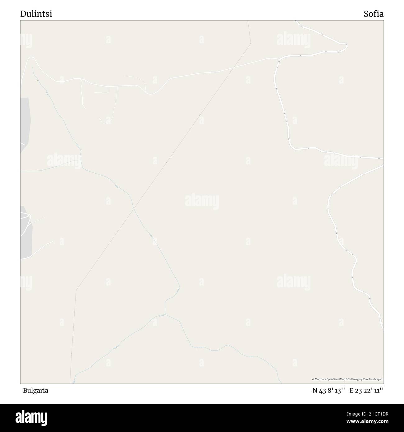 Dulintsi, Bulgaria, Sofia, N 43 8' 13'', e 23 22' 11'', mappa, Mappa senza tempo pubblicata nel 2021. Viaggiatori, esploratori e avventurieri come Florence Nightingale, David Livingstone, Ernest Shackleton, Lewis and Clark e Sherlock Holmes si sono affidati alle mappe per pianificare i viaggi verso gli angoli più remoti del mondo, Timeless Maps sta mappando la maggior parte delle località del mondo, mostrando il successo di grandi sogni Foto Stock