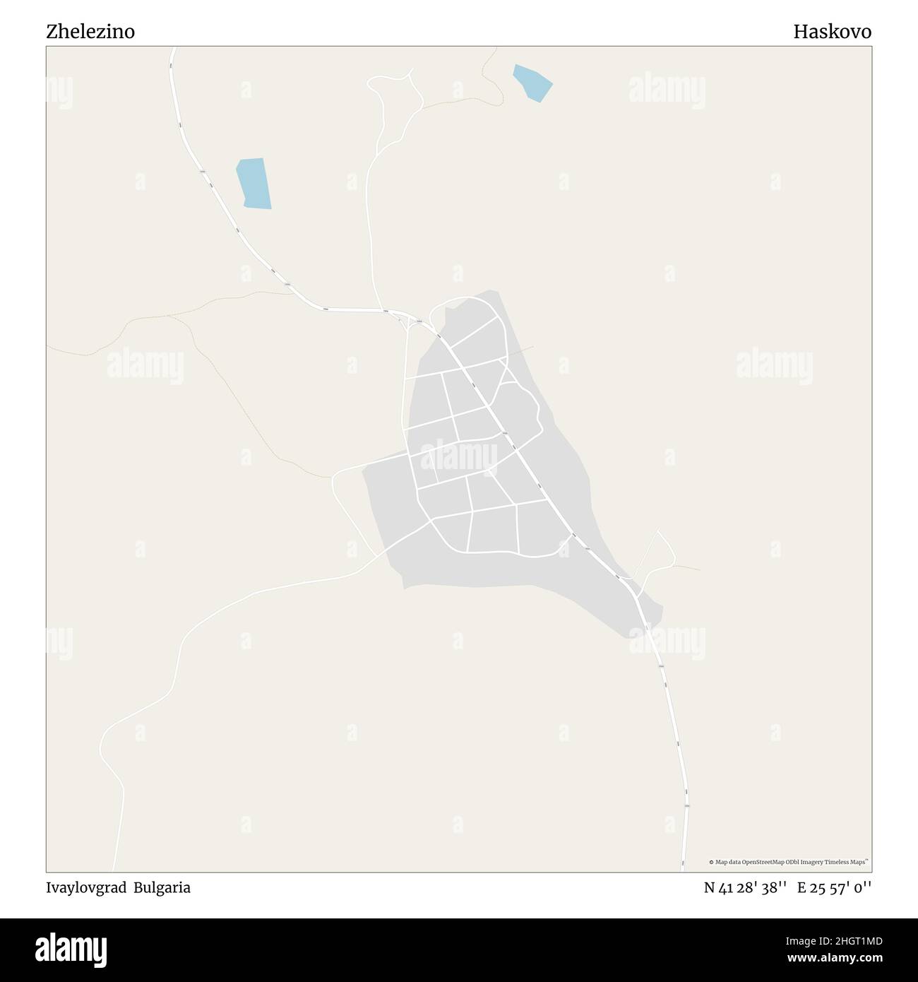 Zhelezino, Ivaylovgrad, Bulgaria, Haskovo, N 41 28' 38''', e 25 57' 0''', mappa, mappa senza tempo pubblicata nel 2021. Viaggiatori, esploratori e avventurieri come Florence Nightingale, David Livingstone, Ernest Shackleton, Lewis and Clark e Sherlock Holmes si sono affidati alle mappe per pianificare i viaggi verso gli angoli più remoti del mondo, Timeless Maps sta mappando la maggior parte delle località del mondo, mostrando il successo di grandi sogni Foto Stock