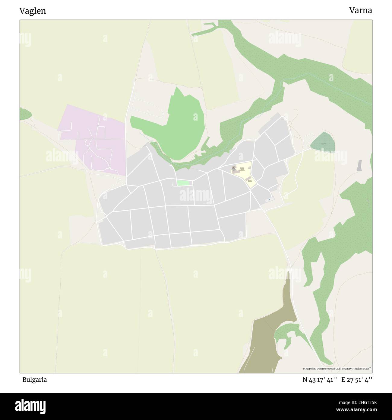 Vaglen, Bulgaria, Varna, N 43 17' 41'', e 27 51' 4'', mappa, mappa senza tempo pubblicata nel 2021. Viaggiatori, esploratori e avventurieri come Florence Nightingale, David Livingstone, Ernest Shackleton, Lewis and Clark e Sherlock Holmes si sono affidati alle mappe per pianificare i viaggi verso gli angoli più remoti del mondo, Timeless Maps sta mappando la maggior parte delle località del mondo, mostrando il successo di grandi sogni Foto Stock