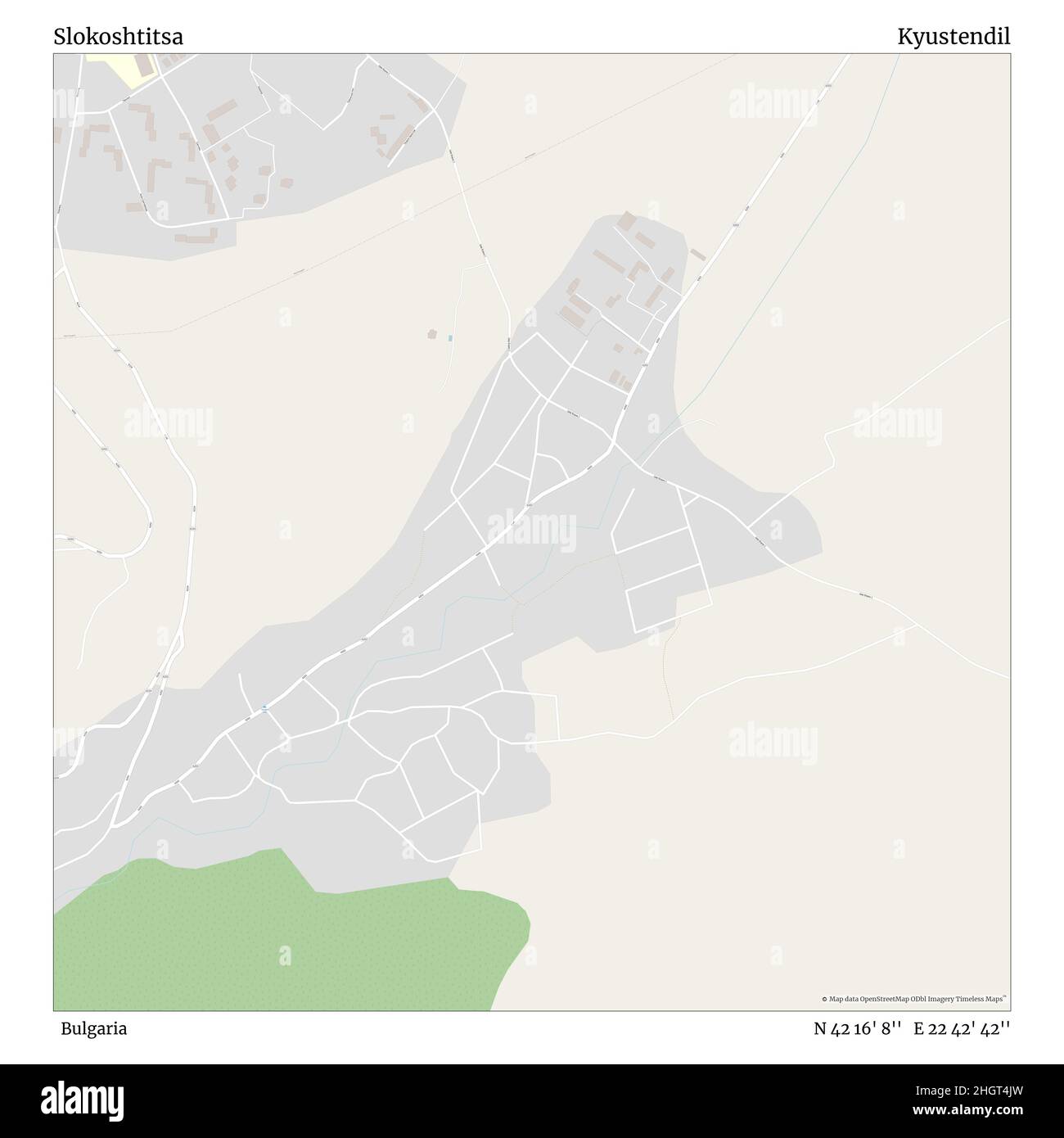 Slokoshtitsa, Bulgaria, Kyustendil, N 42 16' 8'', e 22 42' 42''', mappa, Mappa senza tempo pubblicata nel 2021. Viaggiatori, esploratori e avventurieri come Florence Nightingale, David Livingstone, Ernest Shackleton, Lewis and Clark e Sherlock Holmes si sono affidati alle mappe per pianificare i viaggi verso gli angoli più remoti del mondo, Timeless Maps sta mappando la maggior parte delle località del mondo, mostrando il successo di grandi sogni Foto Stock