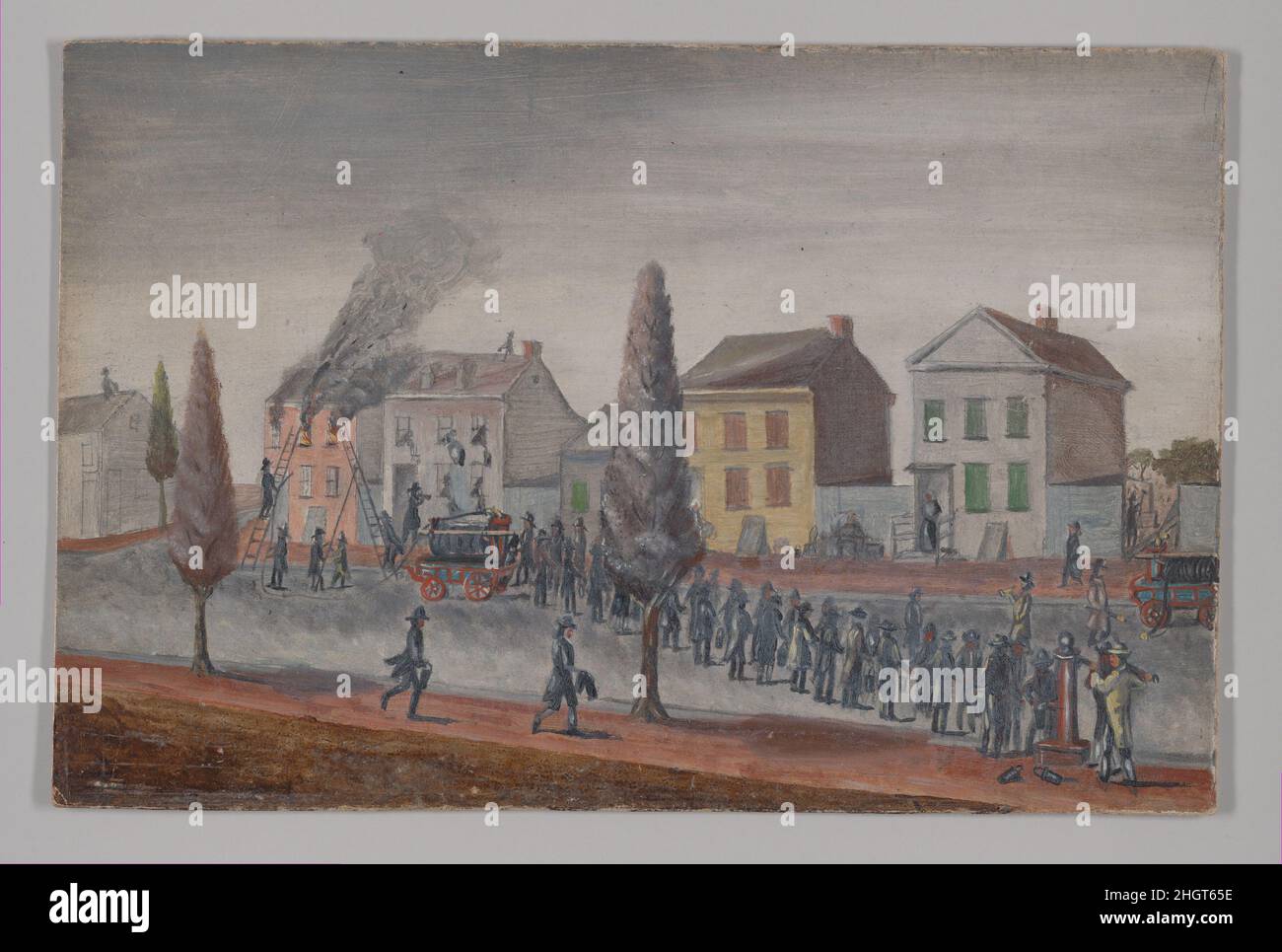 Lotta contro un incendio 1870s William P. Chappel American tra il 1800 e il 1810, il numero di vigili del fuoco in tutta la città si è ampliato da 600 a 1.005, una risposta alla drammatica crescita della popolazione e al rapido sviluppo urbano. La maggior parte delle case e dei commerci erano ancora fatti di legno; i motori manuali voluminosi della pompa hanno dovuto essere trascinati ai fuochi a mano; ed approvvigionamenti locali di acqua erano costantemente insufficienti. A volte l’unica opzione lasciata ai vigili del fuoco e ai vicini era quella di aiutare a rimuovere la proprietà del proprietario di casa, e impedire ai ladri di rubarla. Prima che le tecnologie più avanzate di estinzione degli incendi emersero nel 1 Foto Stock