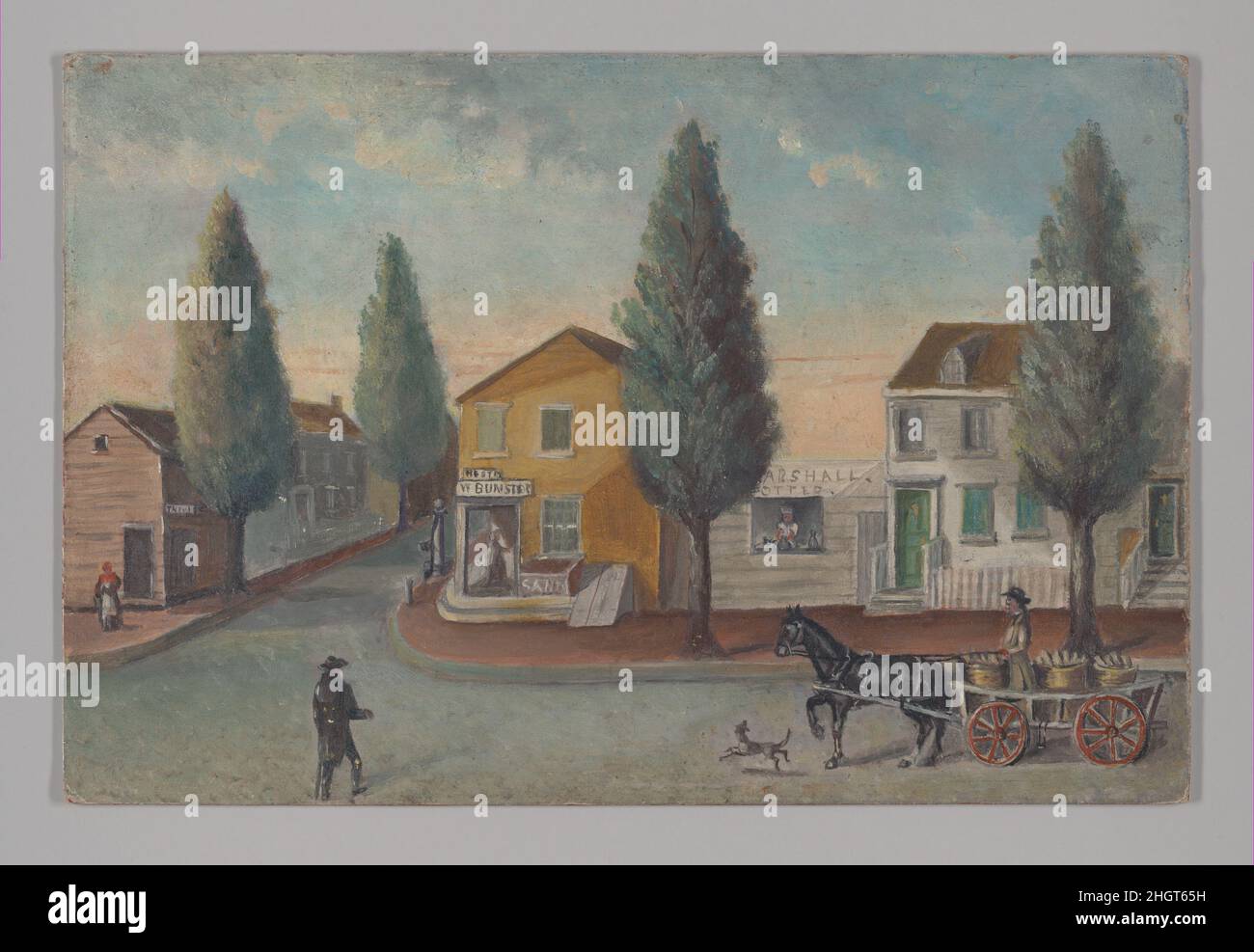 Il carro del panettiere 1870s William P. Chappel American sullo sfondo del negozio del vasaio William Marshall e della casa d'angolo della vedova Bumstead, un panettiere guida il suo carro pieno di pane fresco lungo Hester Street nel decimo rione. Un punto fondamentale della dieta americana, una semplice pagnotta di pane potrebbe essere una questione molto seria. Sin dall’insediamento della città, i funzionari governativi regolarono il prezzo, la qualità e il peso del pane fatto da panettieri autorizzati, che dovevano inizialmente tutti i loro pani. I panettieri spesso sostenevano che i tassi fissi della città, o gli assenze, erano troppo bassi e spinti per i prezzi del libero mercato, che t Foto Stock