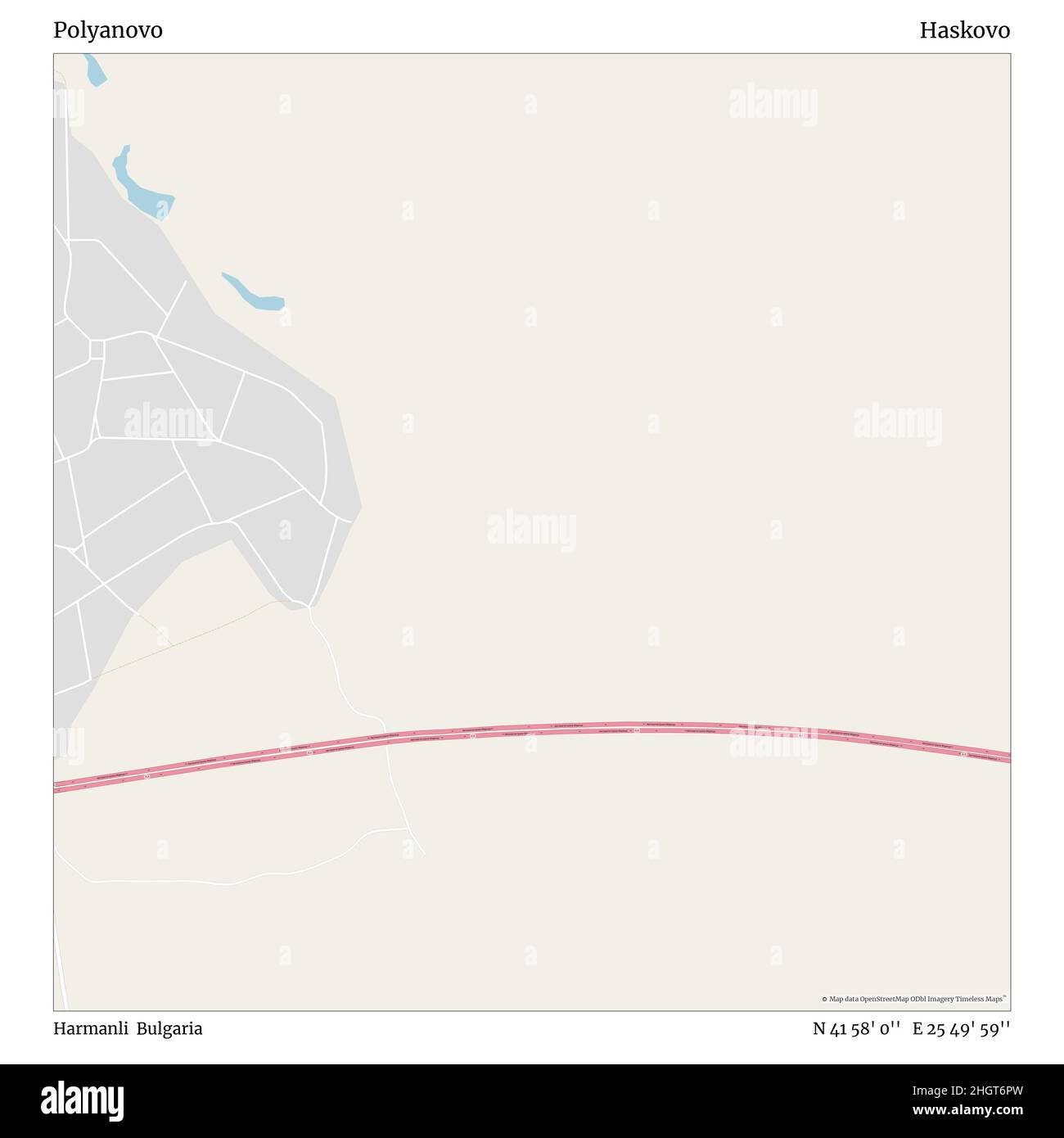 Polyanovo, Harmanli, Bulgaria, Haskovo, N 41 58' 0'', e 25 49' 59''', mappa, mappa senza tempo pubblicata nel 2021. Viaggiatori, esploratori e avventurieri come Florence Nightingale, David Livingstone, Ernest Shackleton, Lewis and Clark e Sherlock Holmes si sono affidati alle mappe per pianificare i viaggi verso gli angoli più remoti del mondo, Timeless Maps sta mappando la maggior parte delle località del mondo, mostrando il successo di grandi sogni Foto Stock