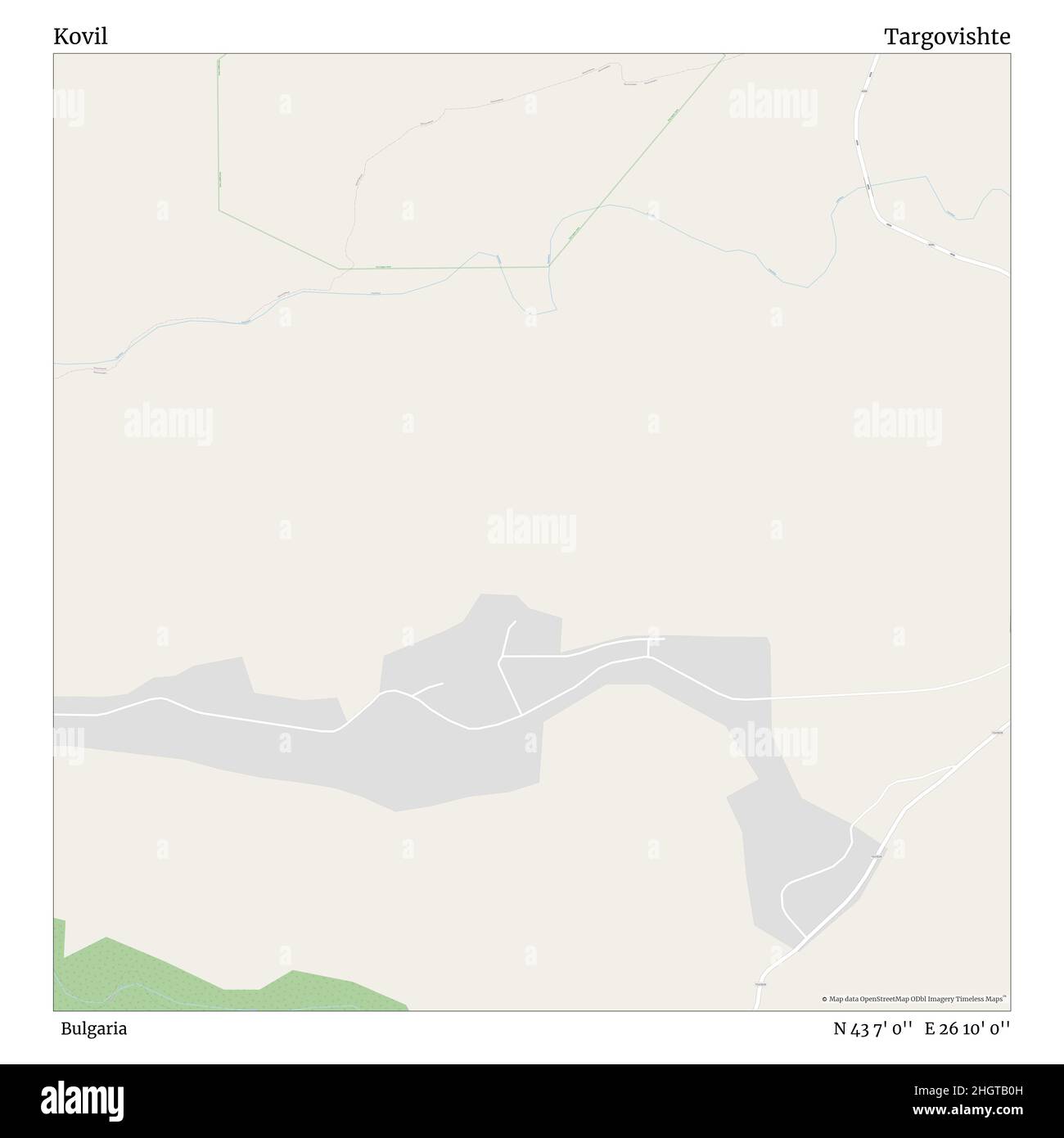 Kovil, Bulgaria, Targovishte, N 43 7' 0'', e 26 10' 0''', mappa, mappa senza tempo pubblicata nel 2021. Viaggiatori, esploratori e avventurieri come Florence Nightingale, David Livingstone, Ernest Shackleton, Lewis and Clark e Sherlock Holmes si sono affidati alle mappe per pianificare i viaggi verso gli angoli più remoti del mondo, Timeless Maps sta mappando la maggior parte delle località del mondo, mostrando il successo di grandi sogni Foto Stock