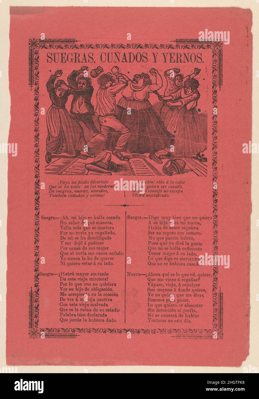 Scheda informativa relativa alla lotta tra suocero, suocero e figli, le parole pronunciate da ciascuno nelle sezioni seguenti e sul verso ca. 1895–1900 José Guadalupe Posada. Scheda informativa relativa alla lotta tra suocero, suocero e figli, le parole pronunciate da ciascuno nelle sezioni seguenti e sul verso. José Guadalupe Posada (messicano, 1851–1913). CA. 1895–1900. Photorelief e stampa letterina su carta rosa. Antonio Vanegas Arroyo (1850-1917, messicano). Stampa Foto Stock