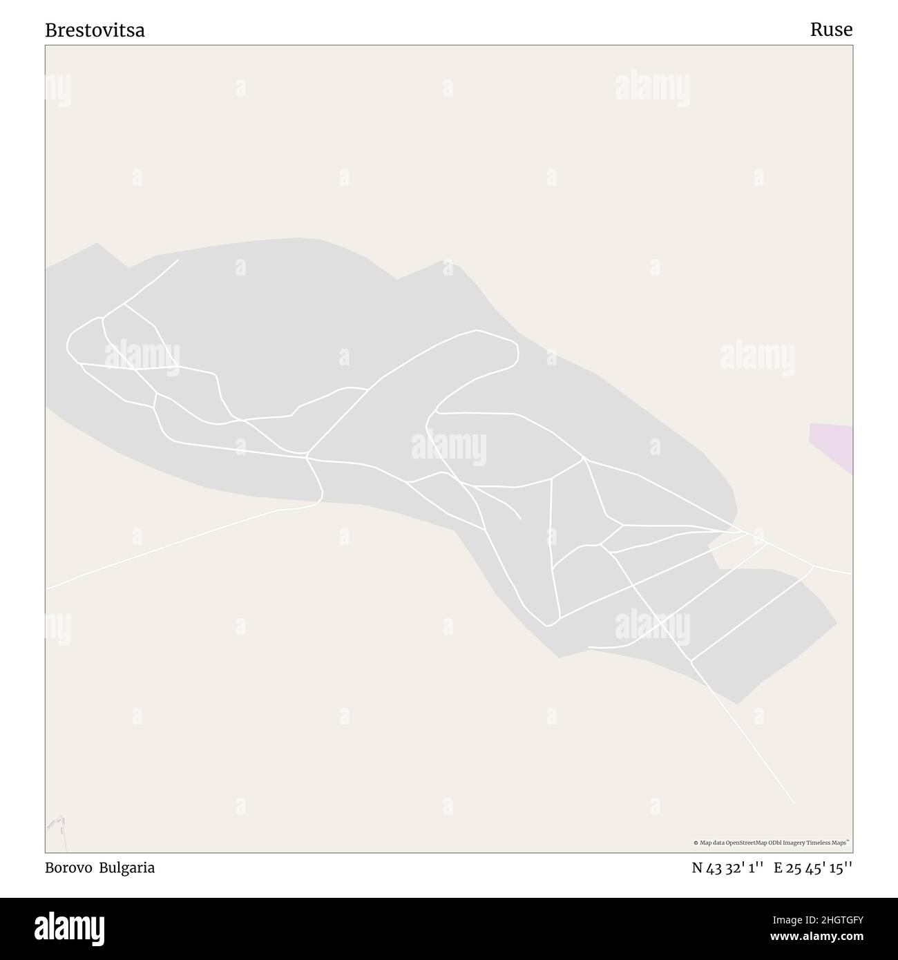 Brestovitsa, Borovo, Bulgaria, Ruse, N 43 32' 1'', e 25 45' 15''', mappa, Mappa senza tempo pubblicata nel 2021. Viaggiatori, esploratori e avventurieri come Florence Nightingale, David Livingstone, Ernest Shackleton, Lewis and Clark e Sherlock Holmes si sono affidati alle mappe per pianificare i viaggi verso gli angoli più remoti del mondo, Timeless Maps sta mappando la maggior parte delle località del mondo, mostrando il successo di grandi sogni Foto Stock