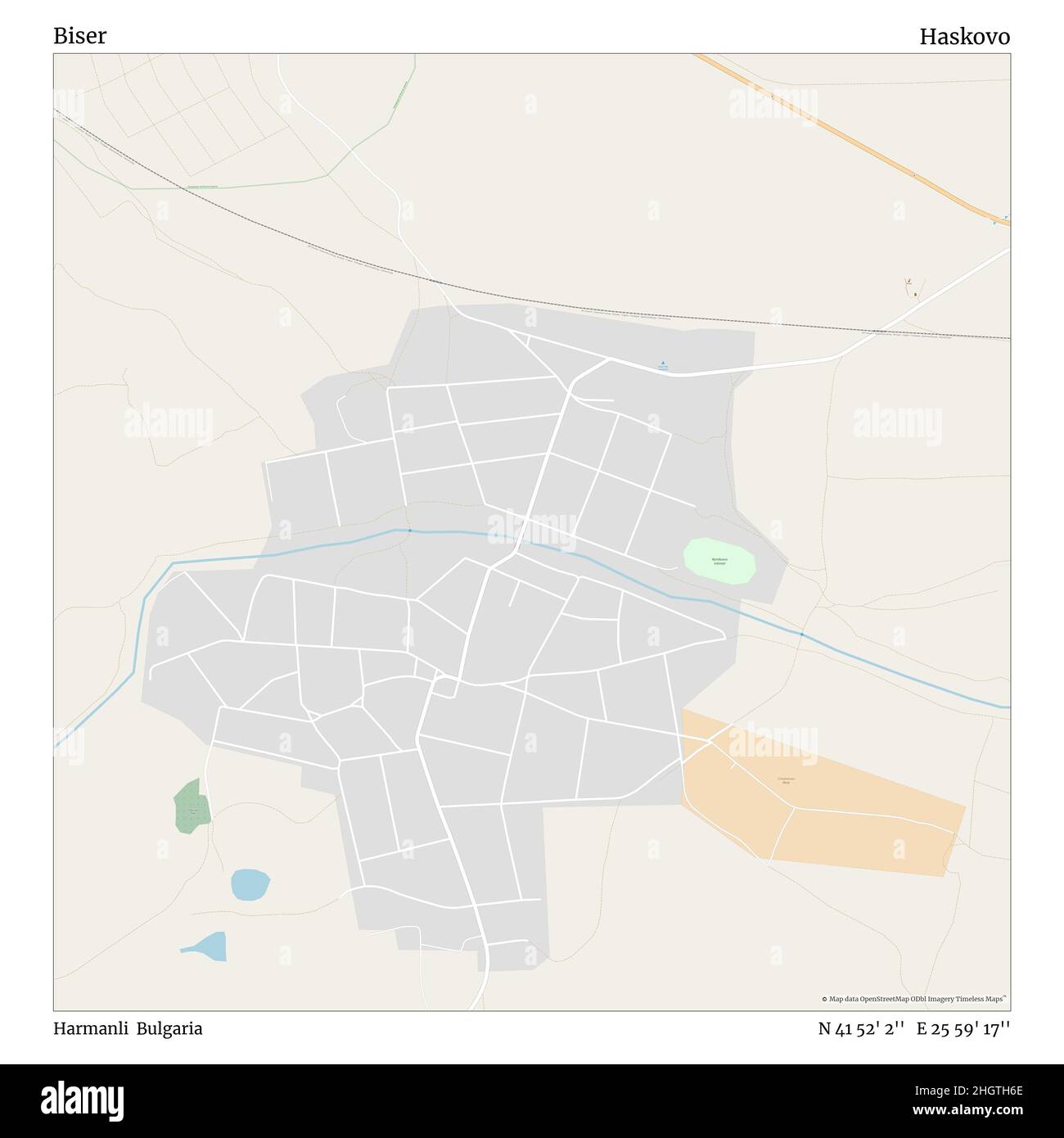 BISER, Harmanli, Bulgaria, Haskovo, N 41 52' 2'', e 25 59' 17''', mappa, mappa senza tempo pubblicata nel 2021. Viaggiatori, esploratori e avventurieri come Florence Nightingale, David Livingstone, Ernest Shackleton, Lewis and Clark e Sherlock Holmes si sono affidati alle mappe per pianificare i viaggi verso gli angoli più remoti del mondo, Timeless Maps sta mappando la maggior parte delle località del mondo, mostrando il successo di grandi sogni Foto Stock