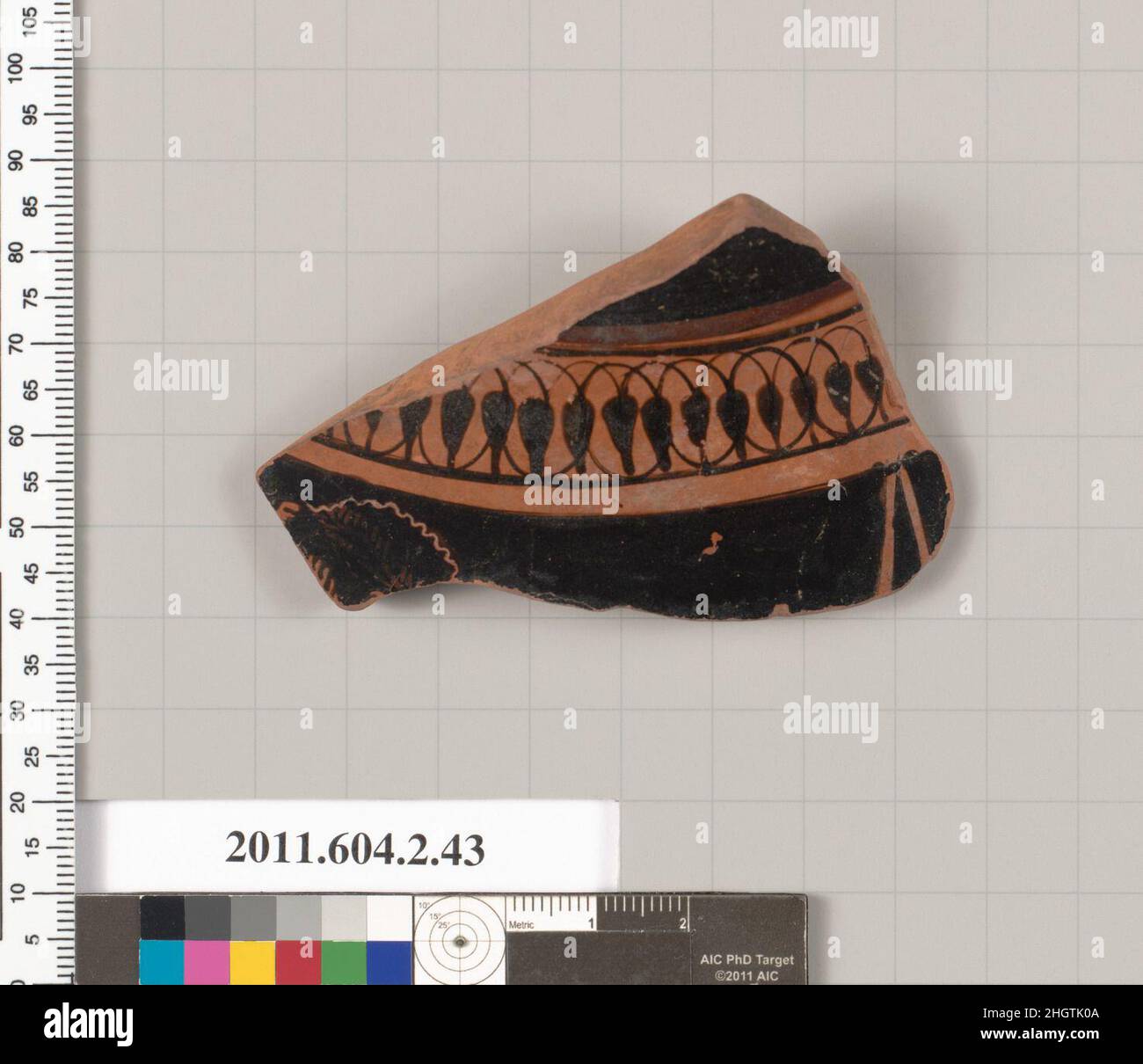Frammento di terracotta di un pelike (vaso) fine 6th secolo a.C./inizio 5th secolo a.C. Greco, banda Attica di pendente, legato, boccioli di loto, delimitato in cima da una spessa linea di rosso aggiunto; in basso, parte superiore della testa di una giovinezza infuocata a sinistra; A destra, sospeso al muro, un oggetto non identificato; tra la testa e le lance, una lettera di iscrizione, frammento di S. Terracotta di un pelike (vaso). Greco, Attico. Fine 6th secolo a.C./inizio 5th secolo a.C. Terracotta; figura rossa. Arcaico. Vasi Foto Stock